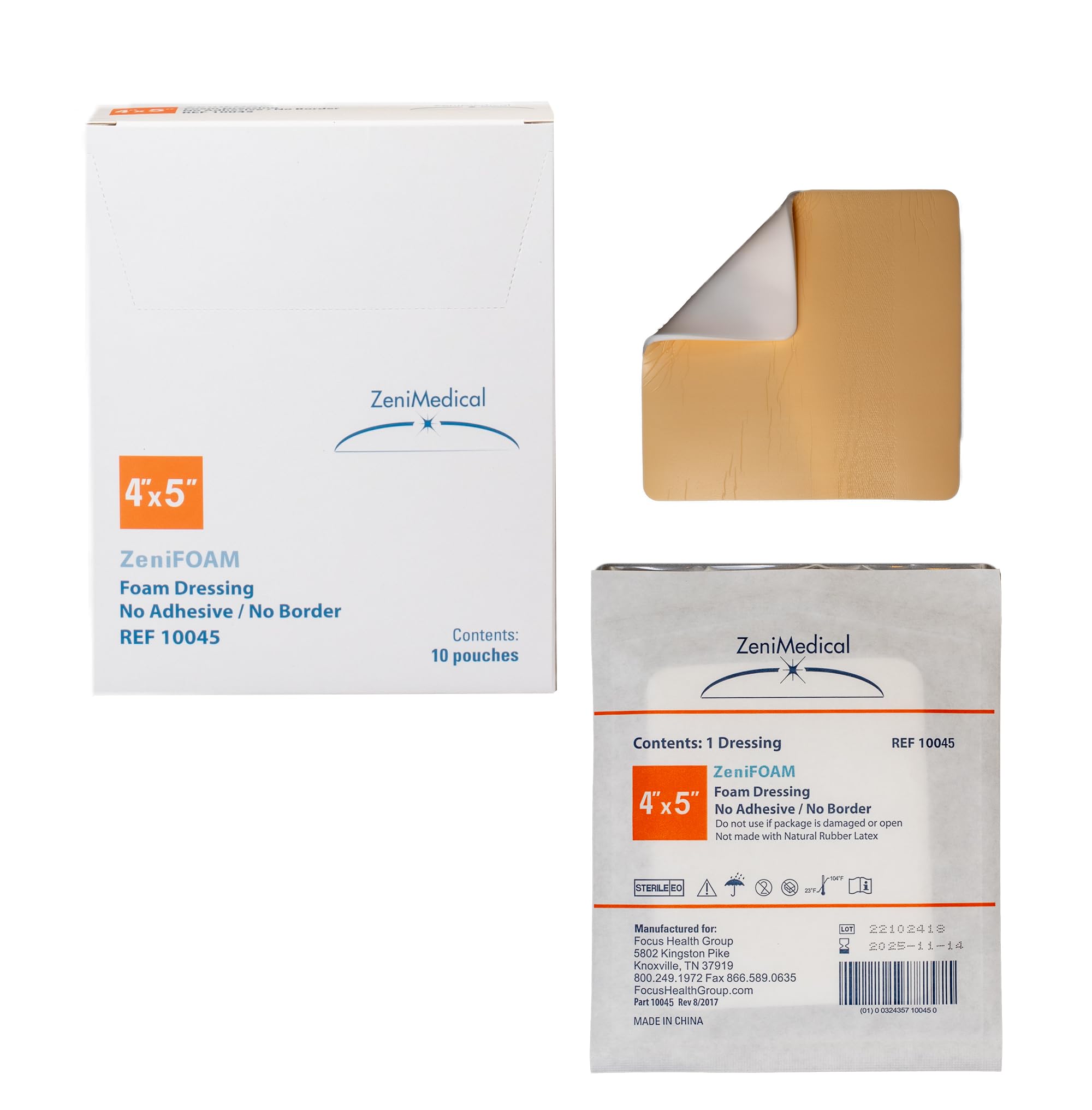 ZeniFOAM Pansement en mousse de polyuréthane 10,2 x 12,7 cm – Sans bordure, sans adhésif, stérile, très absorbant pour le drainage des plaies lourdes, tampon anti-adhésif et non pelucheux, sans latex,