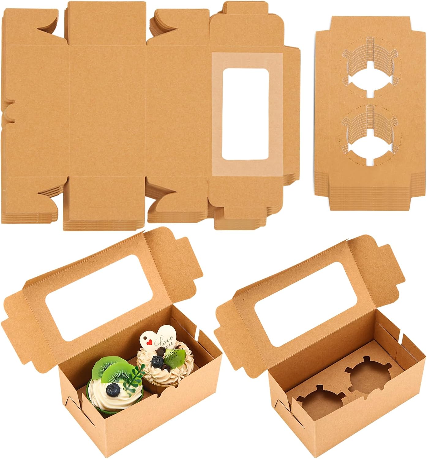 AKOLAFE 100 Set Brown Cupcake Boxes 2 Cupcake Holder with Lid To Go Cupcake Containers Reusable Cardboard Cupcake Boxes Bulk with Clear Window Cupcake Carrier for Cup Cake Packaging Transport Storage