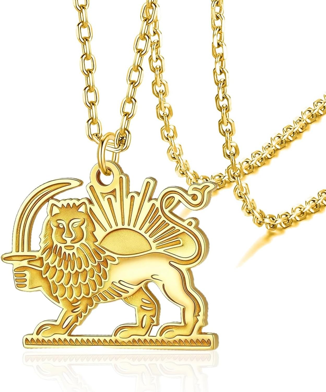 GYFGRTQ Steel Necklace Lion and Sun Pendant Shir Khorshid Persian Jewelry Ancient Iranian Pendant, Gold 2