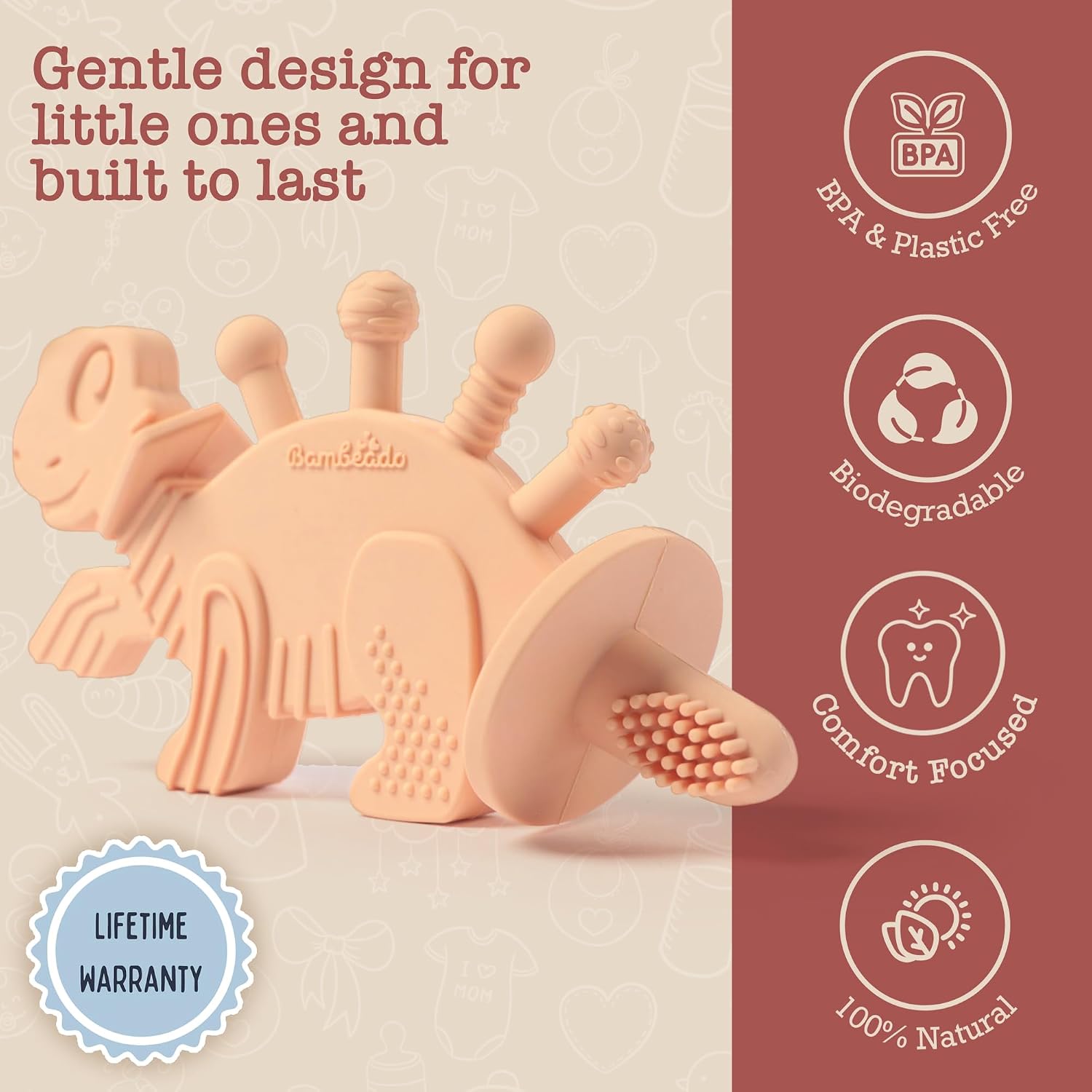 Bambeado Dibly Baby Teething Toy - Made with Natural Rubber & Amber Elements - Gentle Support, Easy to Hold, Simple to Clean - Cute Dinosaur Teether Toy - Alternative to Amber Teething Necklace Pink