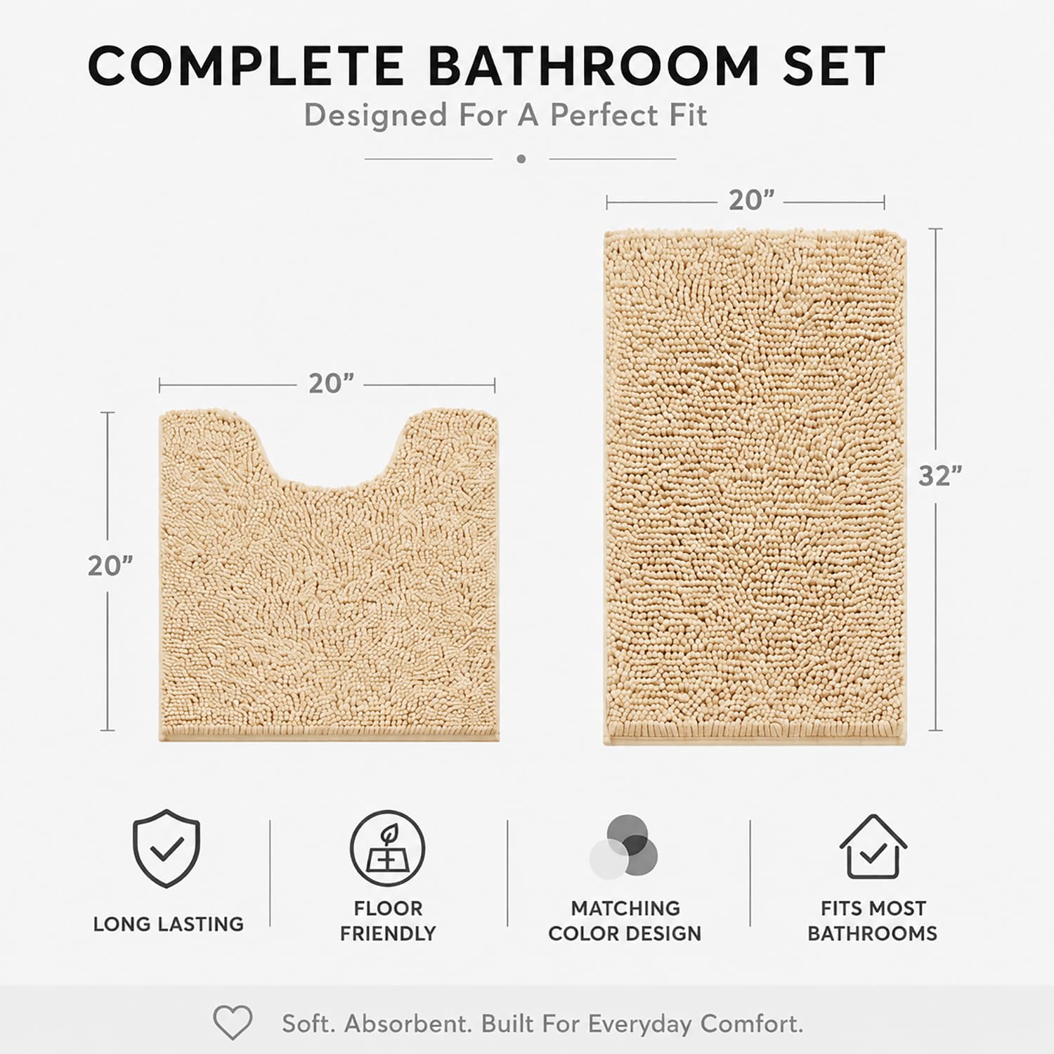 Juego de 2 alfombras de baño, superabsorbentes, suaves, gruesas, lavables a máquina, alfombra de baño de felpilla antideslizante, tapetes de baño para baño, 20 x 32 pulgadas más 20 x 20