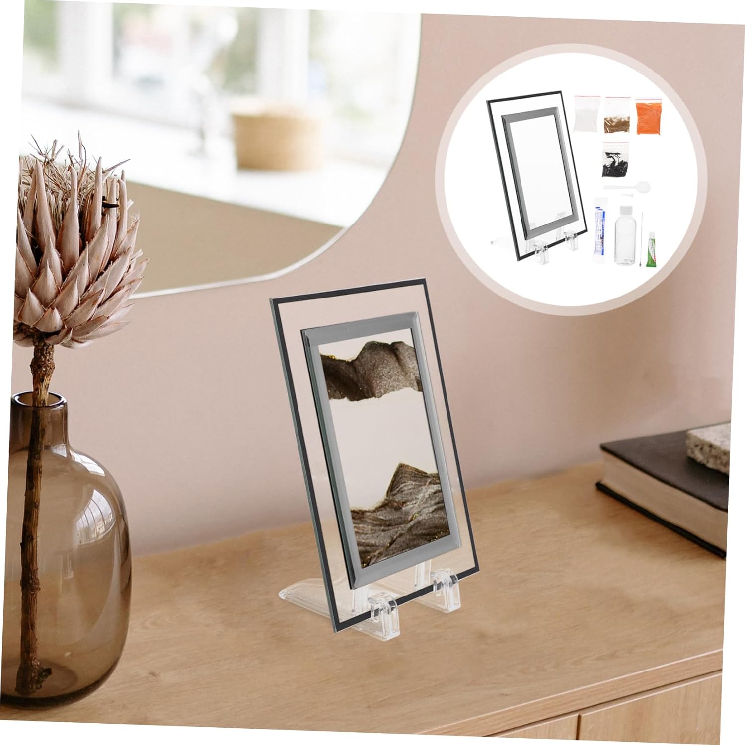 BESPORTBLE DIY Moving Sand Art Material Square for Desktop Decor Relaxing Flowing Sand Picture Kit for Home Office and Shelf Display