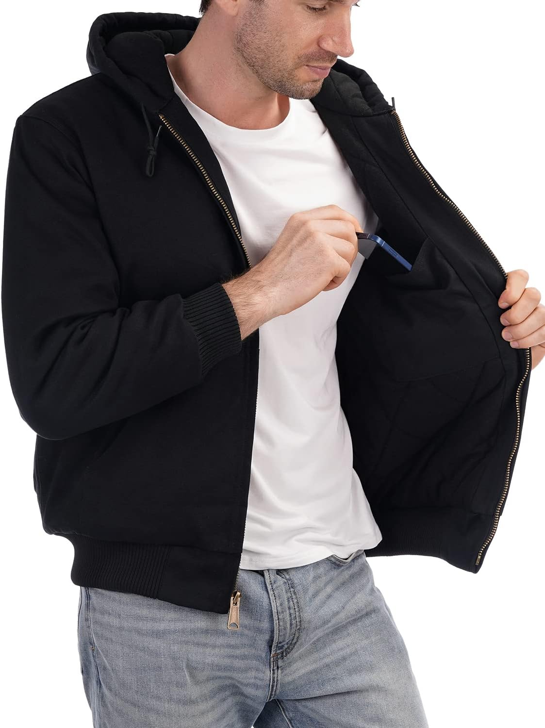 Men's Loose Fit Quilted Flannel Lined Workwear Waterproof Active Jacket Hooded Work Coat - Image 5