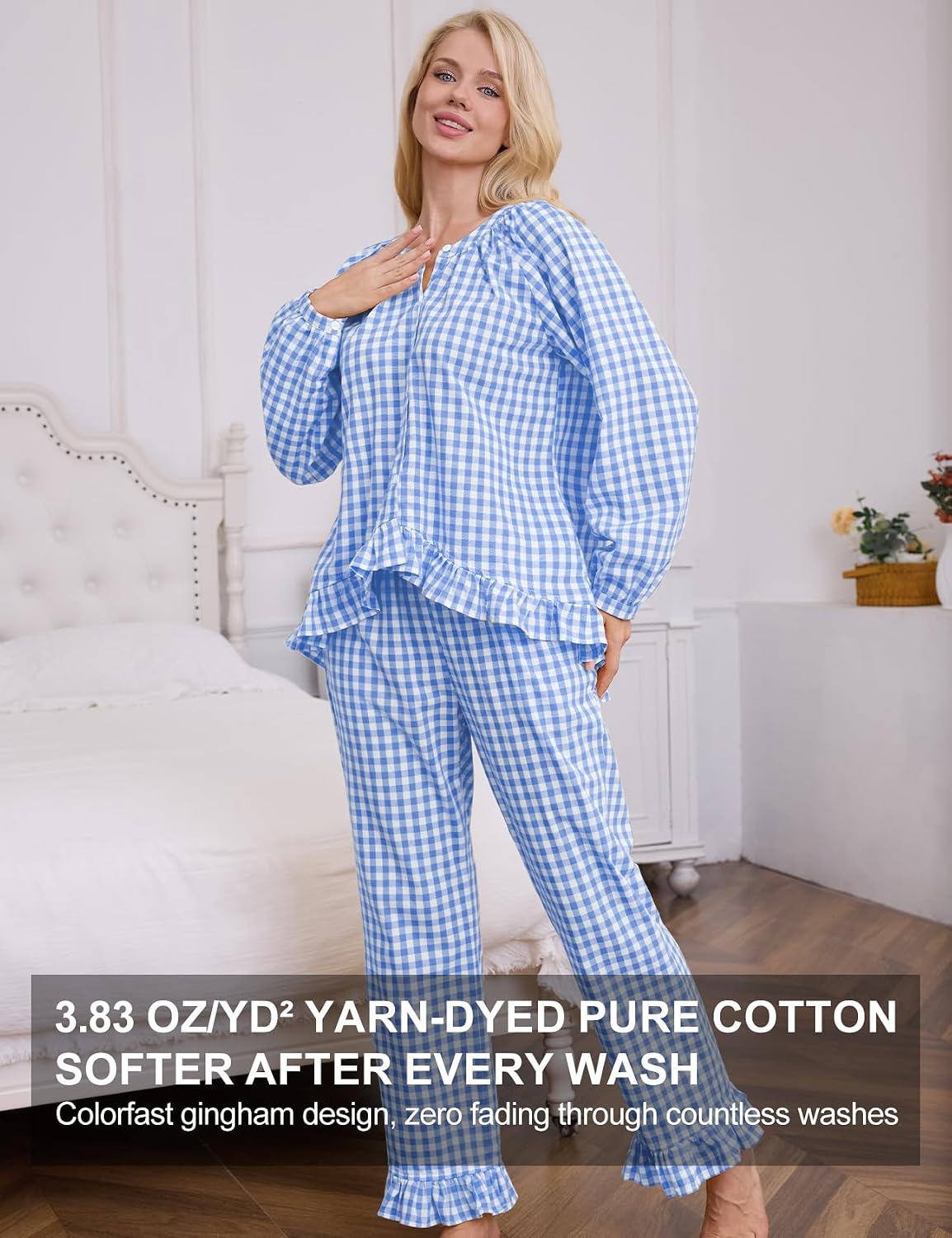 Women Gingham Pajama Set 100% Cotton Long Sleeve Button Down Shirt and Pants 2 Piece Lounge Sleepwear image 2