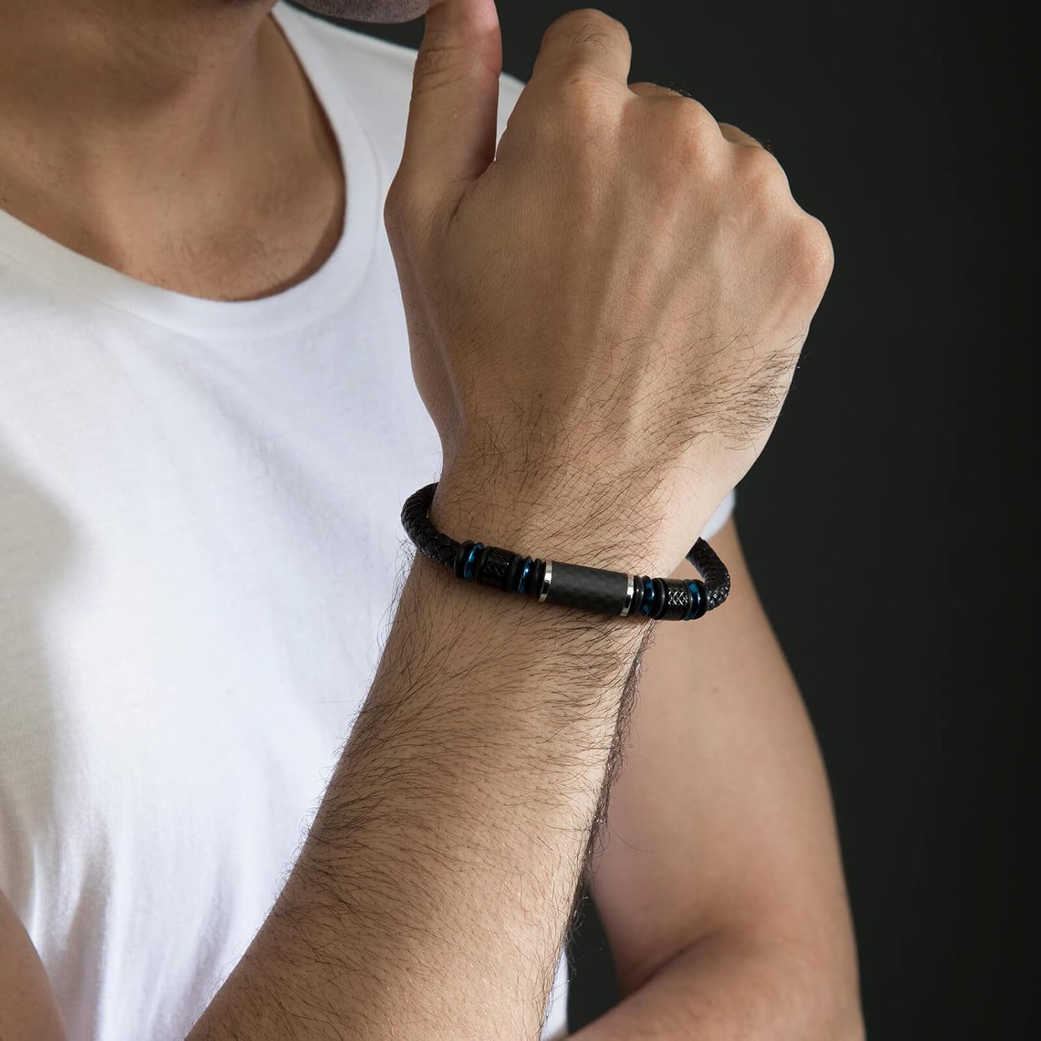 Zillaly Men's Stainless Steel Two-Tone Square Link diamond Bracelet in Black & Blue Ion-Plated Black - Image 3