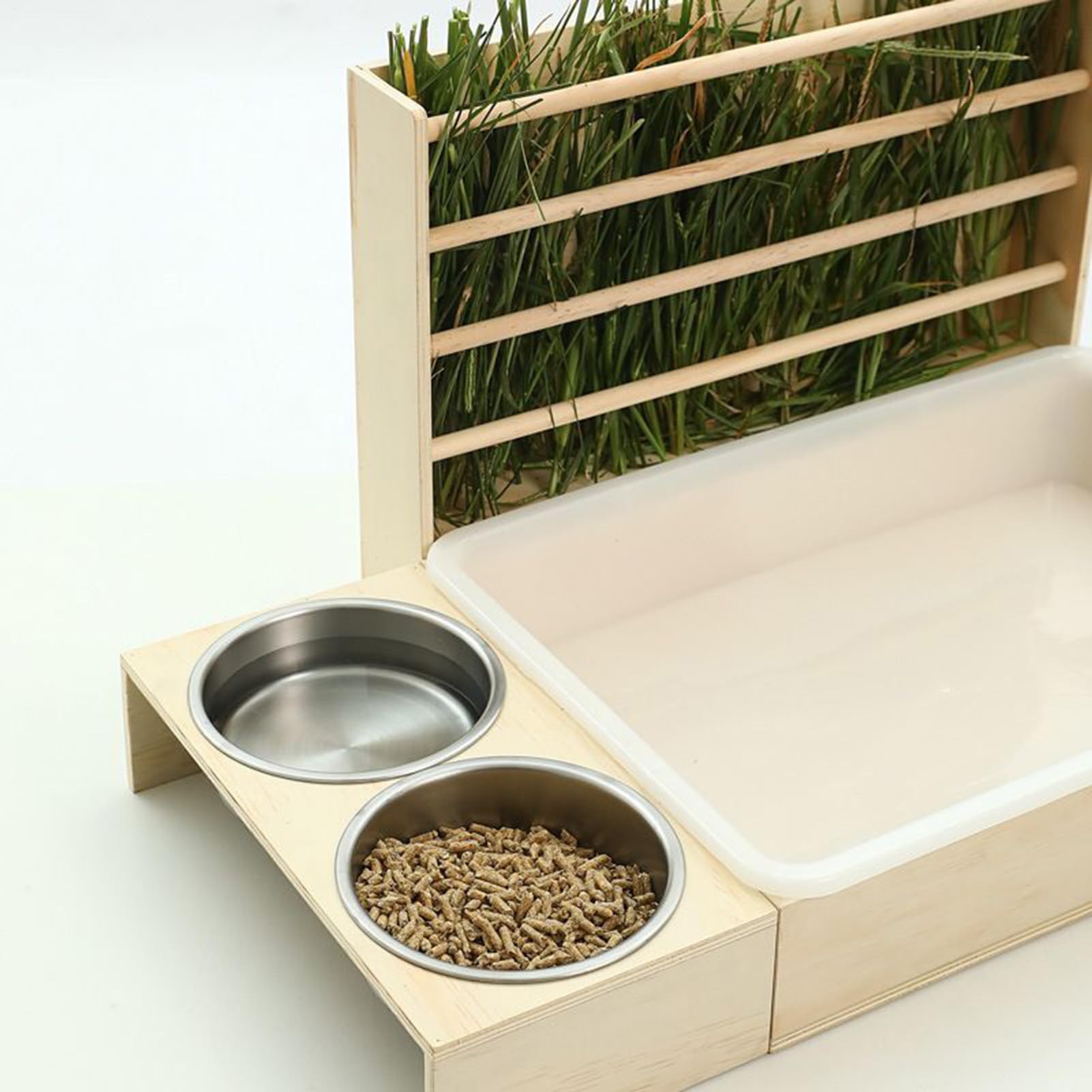 Bandeja Sanitaria para Conejos con Dispensador De Heno con De Y Boles | Portahenos Dispensador Antiderroche Multifuncion Para Jaulas De Roedores Y Mascotas Pequeñas