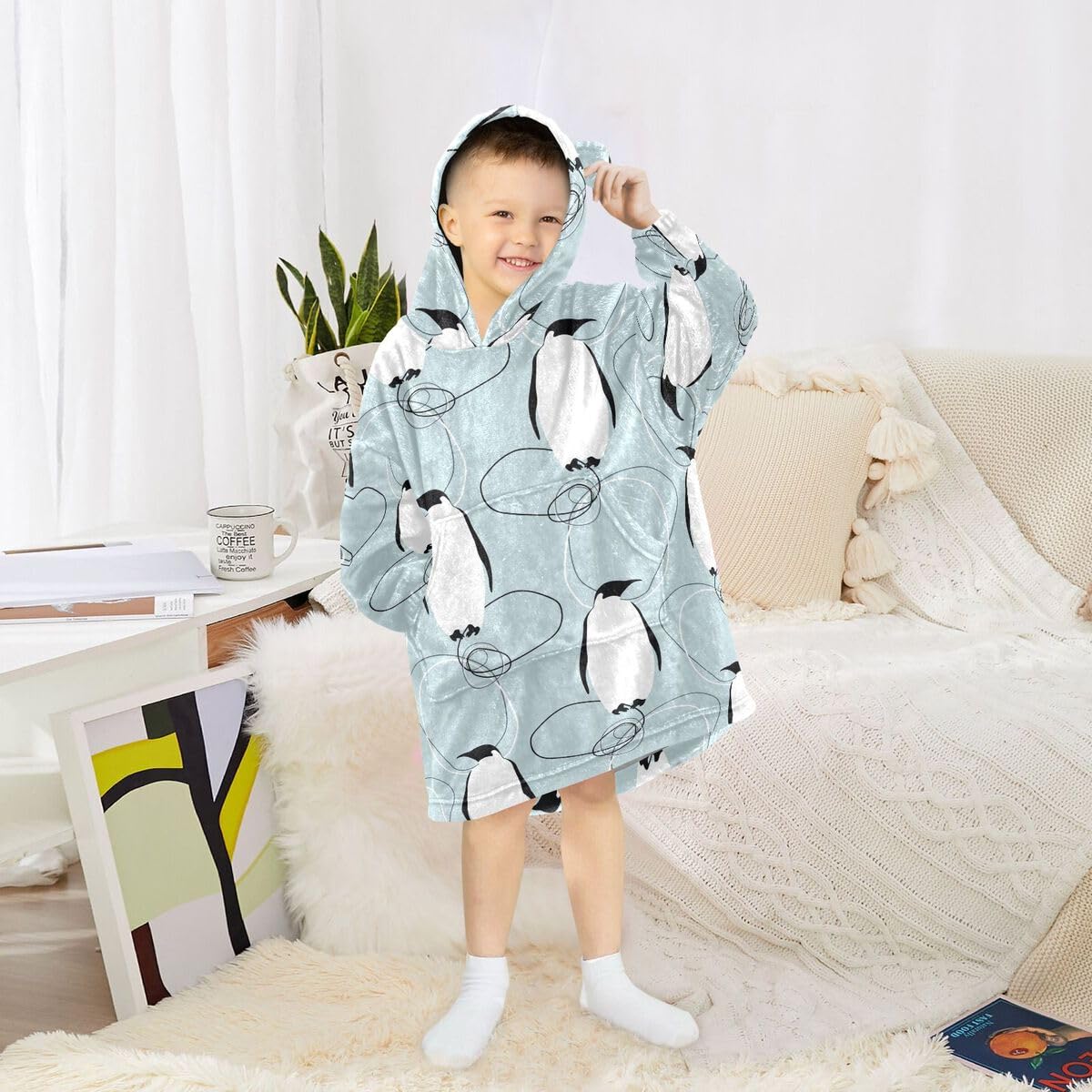 Pingwiny niebieski dziecięcy koc do noszenia bluza z kapturem oversize bluza koc sweter Oean dla chłopców i dziewcząt w wieku 3-14 lat