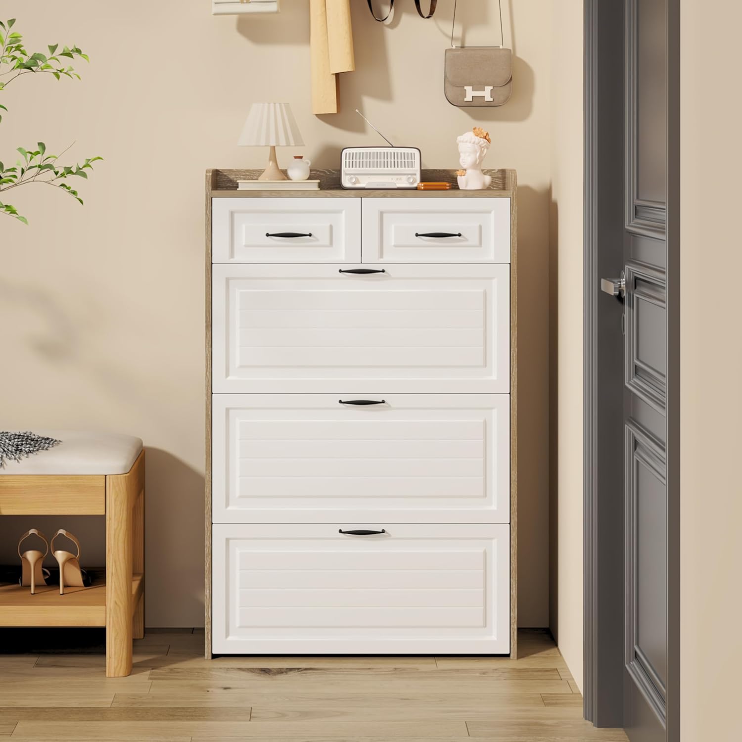 Shoe Cabinet with 3 Doors 2 Drawers, Wooden Narrow Shoe Storage Cabinet for Entryway, 3 Tier Freestanding Shoe Rack, Modern Slim Shoe Organizer for Entryway Hallway Living Room White +Oak