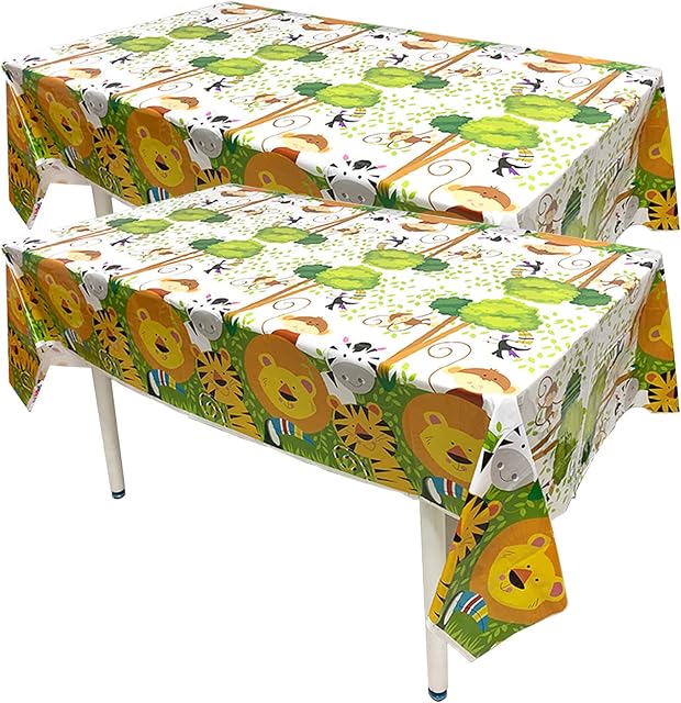 2 PCS Jungle Animal Tablecloth, Birthday Table Cover Animal Jungle Party Plastic Tablecloth Safari Theme Table Cloth Disposable Table Cover Protector for Boys Girls Jungle Garden Table(52 * 86inches)