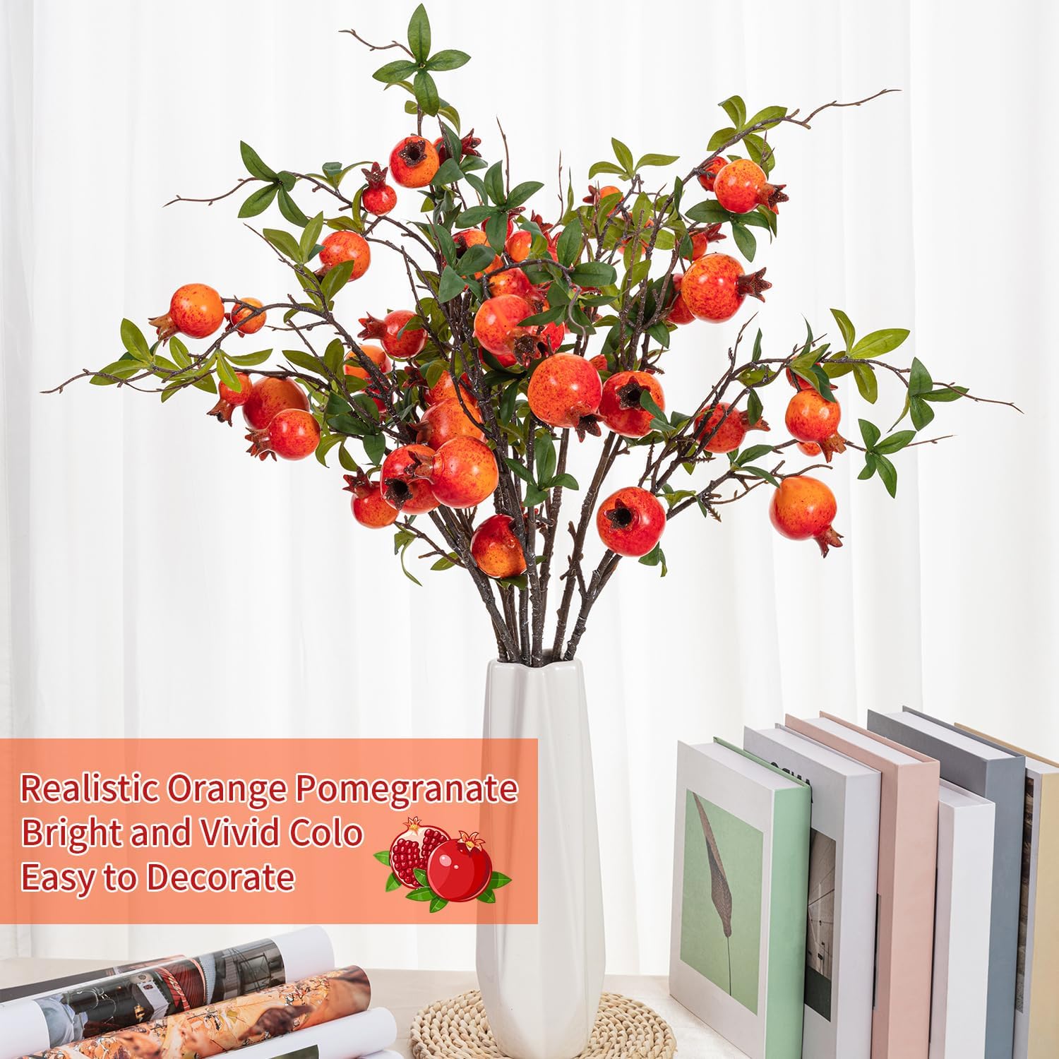 4Pcs 31.5 Inch Artificial Pomegranate Branches, Fake Fruit Branch, Artificial Plants for Living Room Dorm Decor Christmas Farmhouse Vase Arrangement Centerpiece