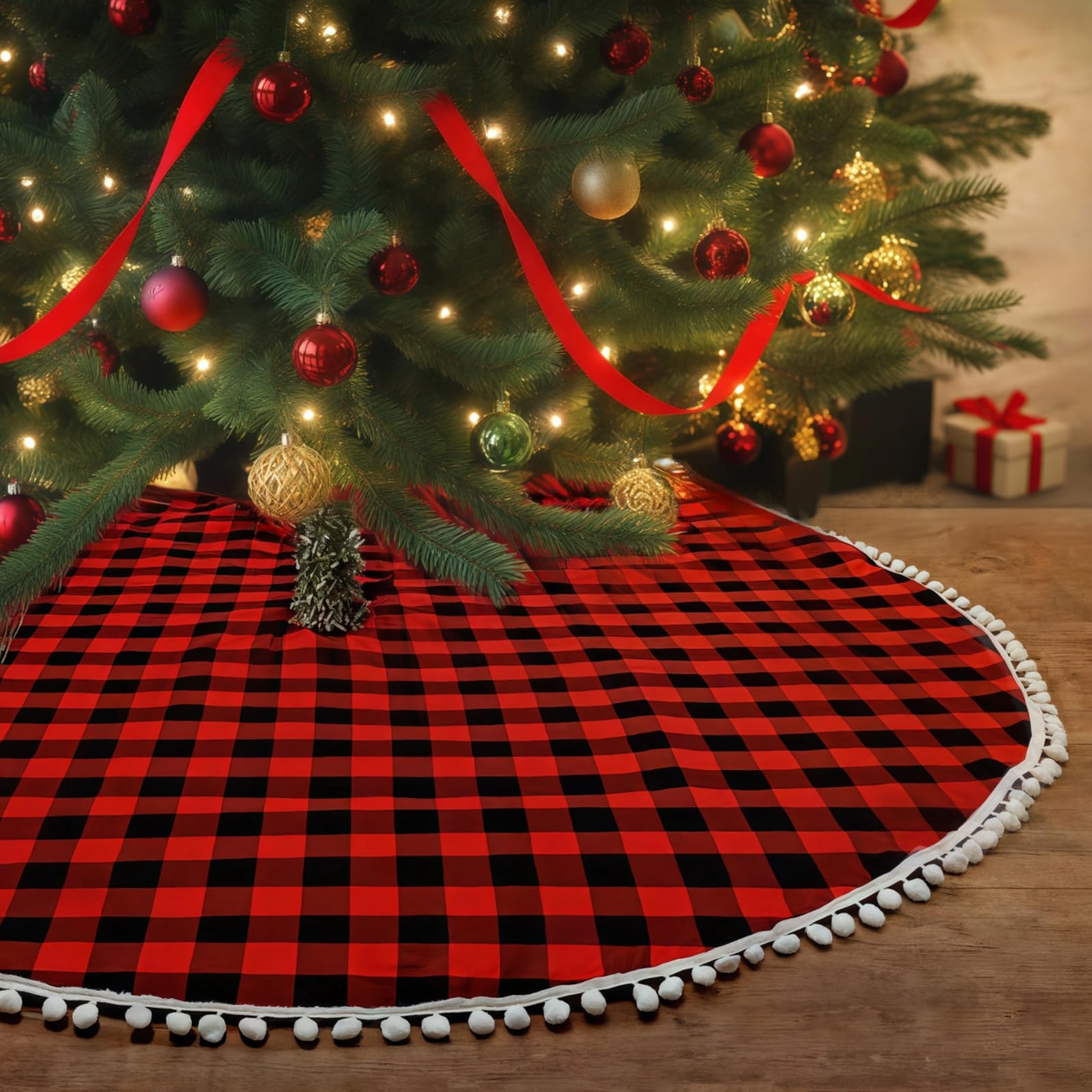Czerwona i czarna spódnica choinkowa w kratę z wykończeniem z pomponem, 112 cm duża mata do obroży w kratkę bawola z wiązaniami, wiejska podstawa pod choinkę do dekoracji świątecznych