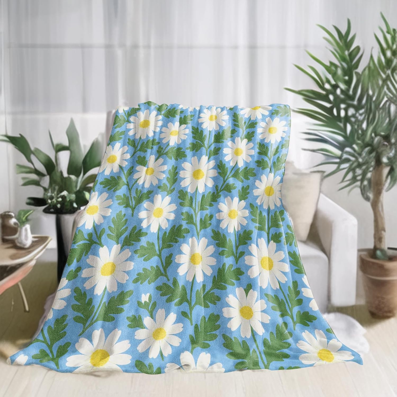 Daisy Flower Flannel Blanket Blue Background White Floral Lightweight Blankets 60x50inch Single Sided Print Throw for Sofa Couch Bed Spring Summer Decor Adults and Botanical Lovers Gifts