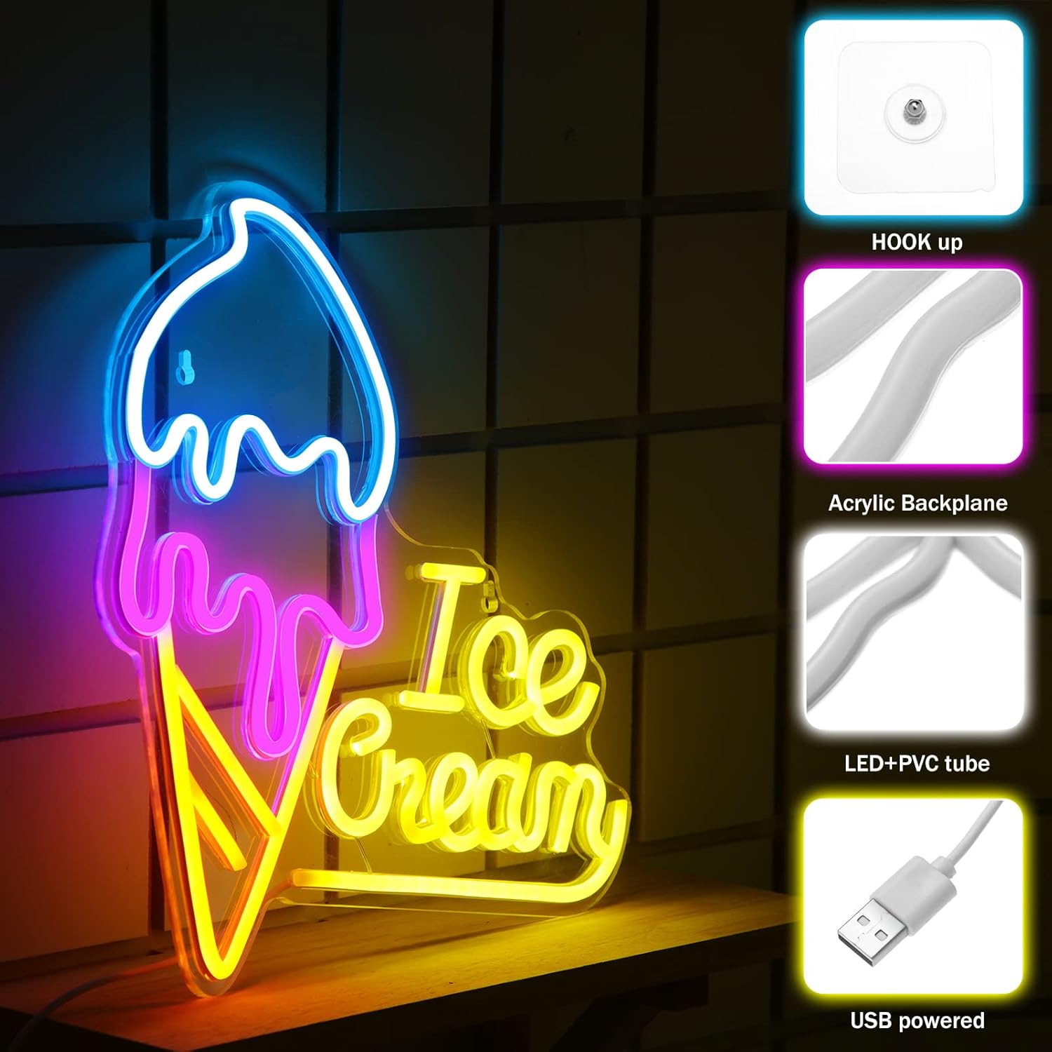 Hoteam Ice Cream Neon Sign Ice Cream Light Neon Sign LED USB Yellow Blue Pink Light up Decor for Business Store Bedroom Bar Cafe Shop Windows Decorations