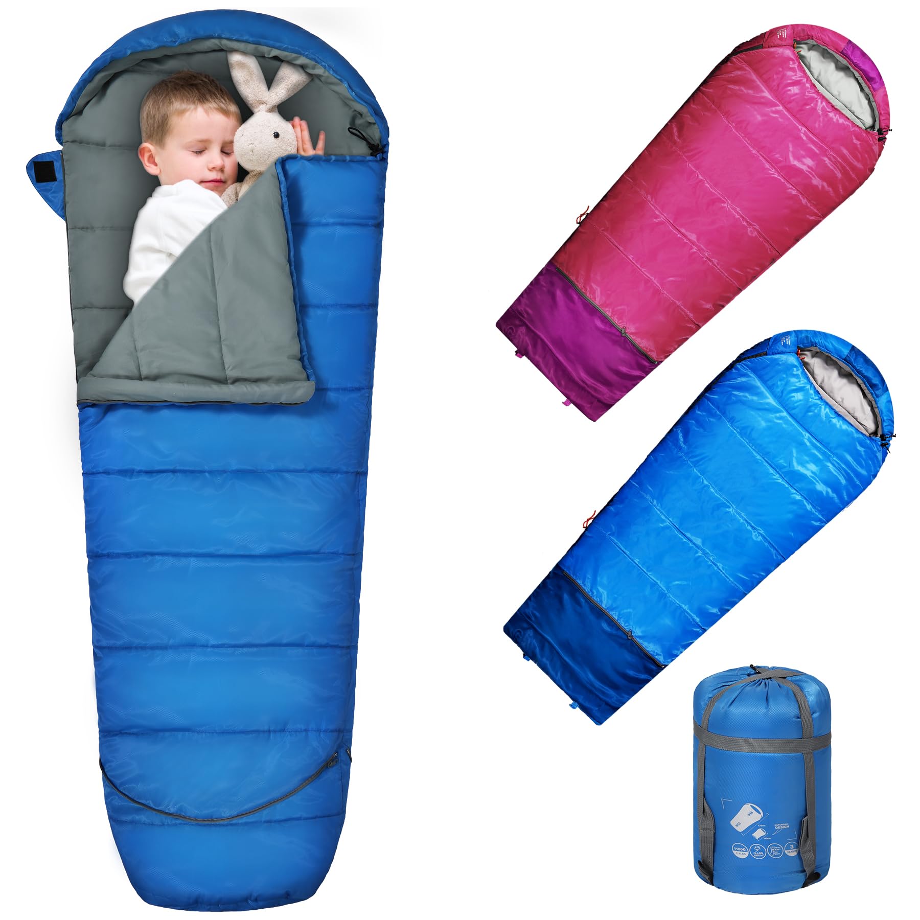 REDCAMP Kinderschlafsack für Jungen und Mädchen 175 x65 cm, Mumienschlafsack Bequem Leicht-Warm mit Ajustable in Länge und 3-Jahreszeiten für Camping&Outdoor, Blau/Rosa