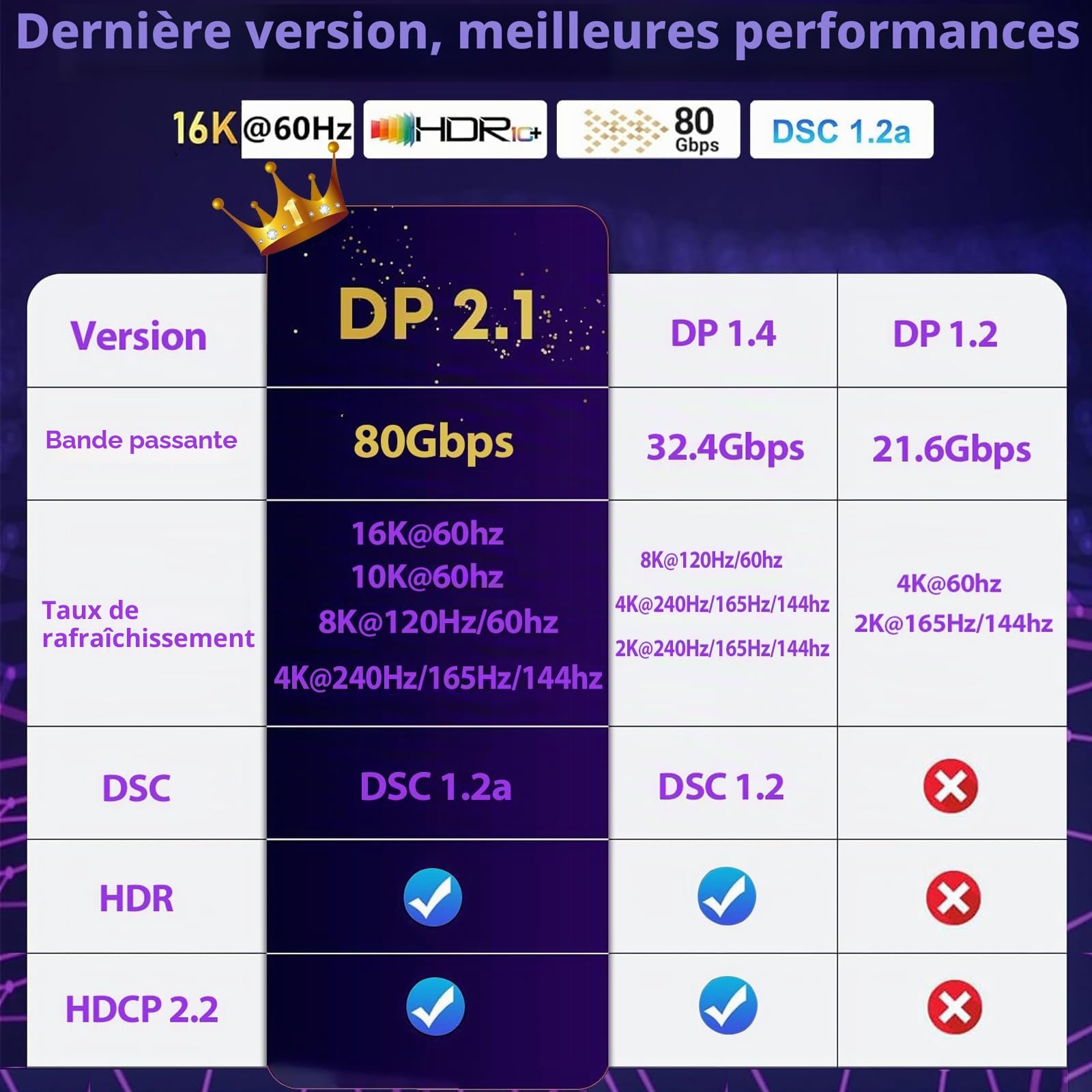 Câble Displayport 2.1 16K certifié VESA DP vers DP 6 m, 16K @ 60 Hz, 8K @ 120 Hz, 4K @ 240 Hz 165 Hz 144 Hz Prend en charge HDR 80 Gbit/s, HDCP DSC 1.2a, compatible FreeSync G-Sync Gaming Monitor 4090
