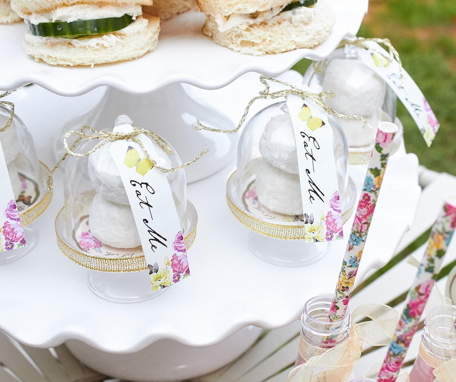 24 x Mini Cake Domes Alice in Wonderland Tea Party Decorations Set Whimsical Party Favors, Mad Hatter Macaron Table Props Kids Birthdays Bridal Showers Baby Shower Decor Bridgerton Wedding favour