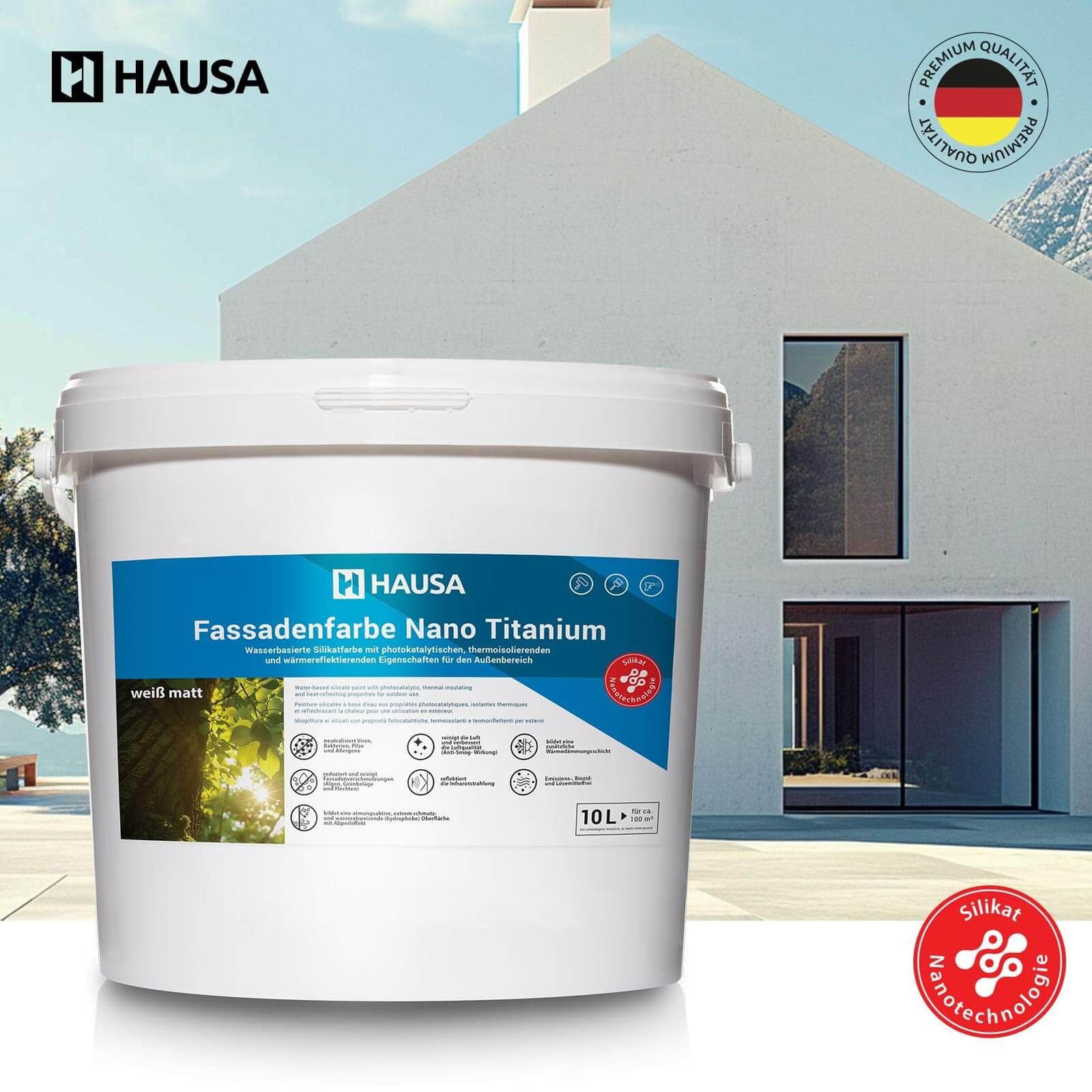 Hausa Fassadenfarbe Nano Titanium 10L weiß matt Wandfarbe für Außen mit Abperleffekt, extrem wetterbeständig, energiesparend thermoisolierend, reinigt die Luft (Anti-Smog Wirkung) algenresistent
