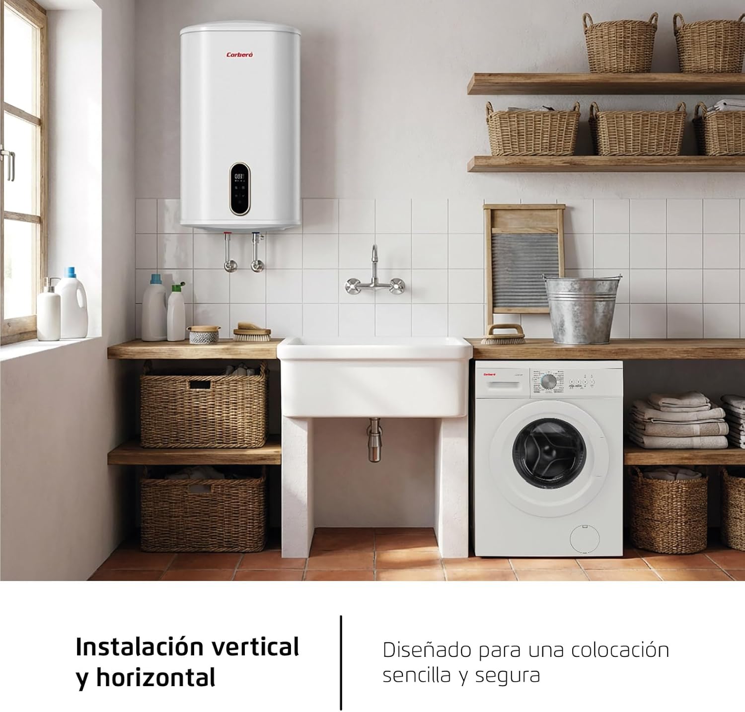 Corberó CTM755FL electric water heater installed vertically on a bathroom wall above a sink and vanity.