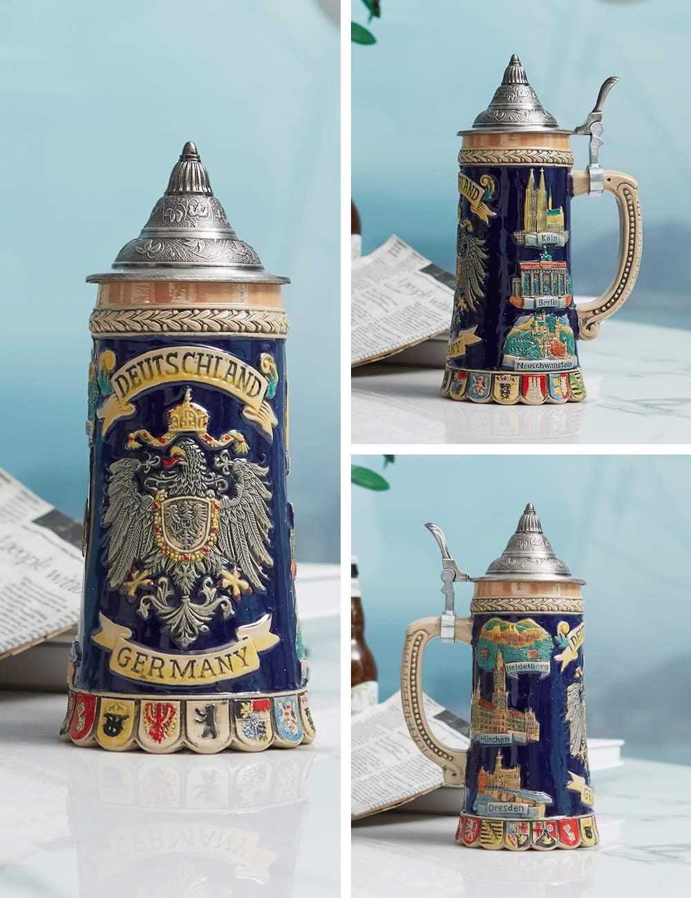 HAUCOZE German Beer Stein Mug Viking Tankard Pewter Lid Coats of Arms Gifts for Men Father 0.6L