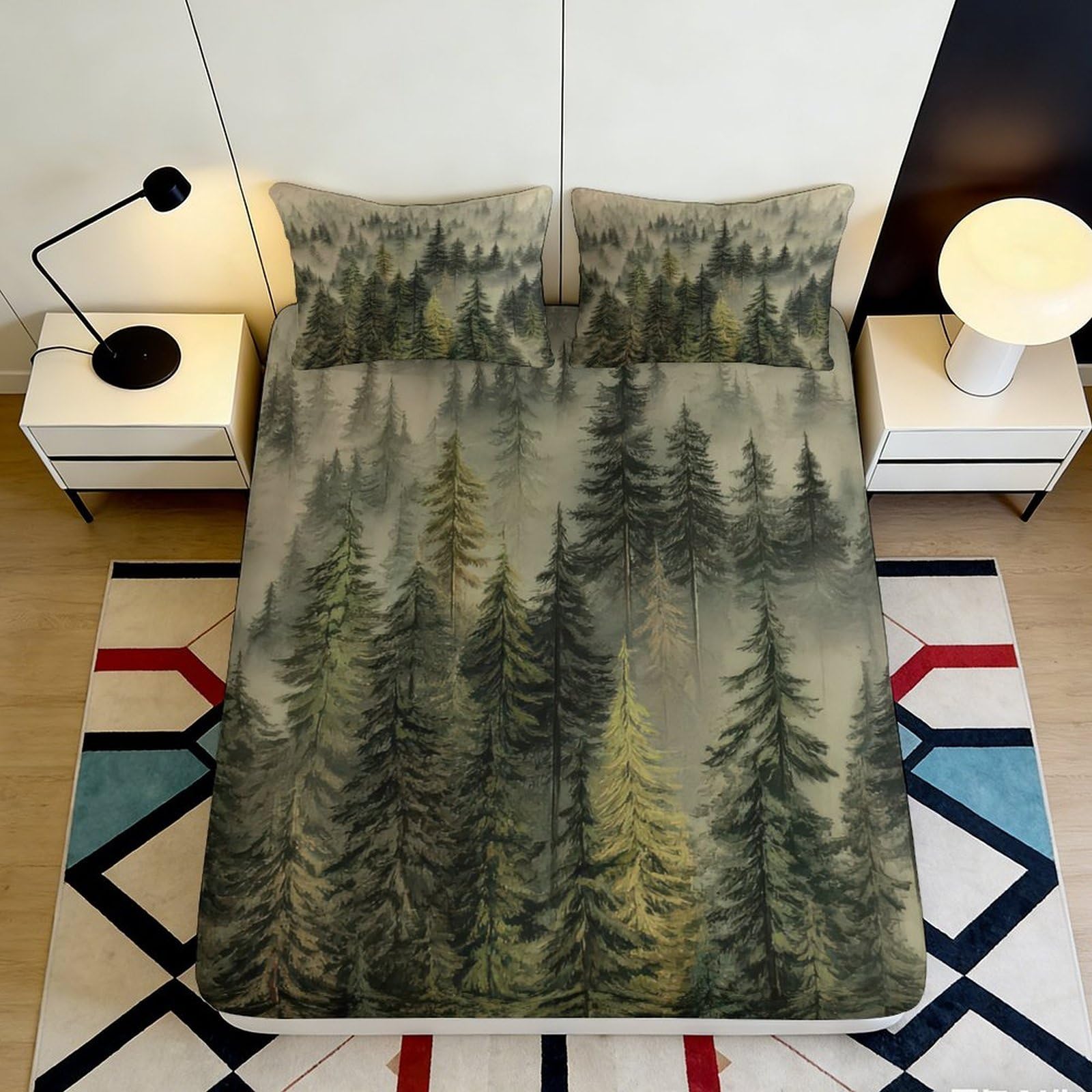 3D Printed Pine Forest Fitted Sheet Microfiber Soft Breathable Misty Woodland Mattress Cover for Bedroom Decor 140x200x25cm