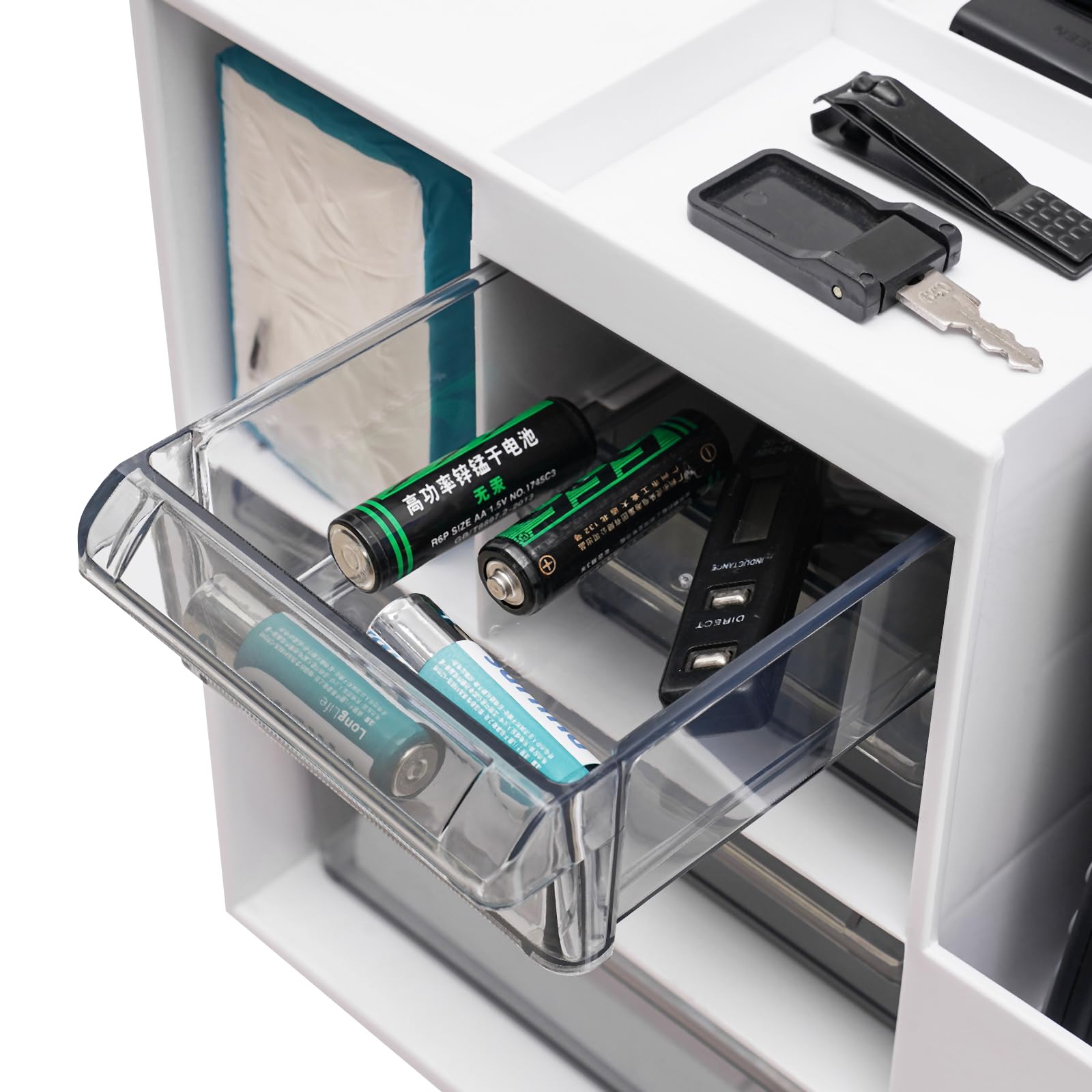 Organizer da scrivania bianco, organizer da ufficio, in plastica, organizer da scrivania con porta carte e cassetto, 34 x 25,5 x 24,5 cm