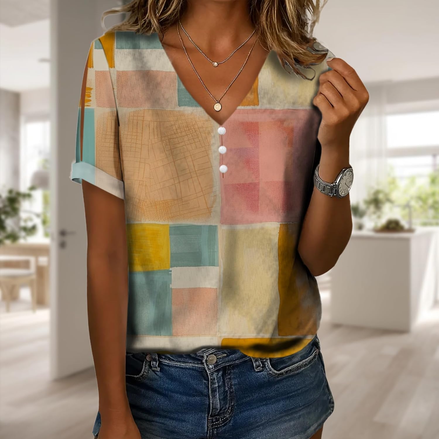 Trendy Shirts for Women Dressy Floral Short Sleeve V Neck Tunic Blouse Casual Loose Comfy Hawaiian Tops - Image 2