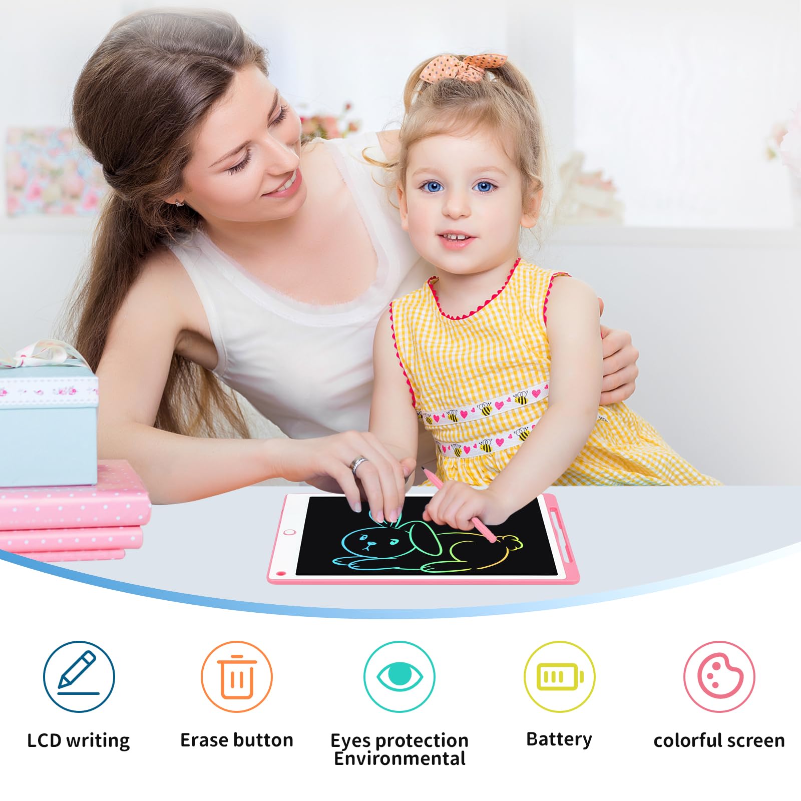 Tablette Dessin Enfant 10.5 Pouces Écriture LCD avec Bouton Suppression Interrupteur Verrouillage Rose