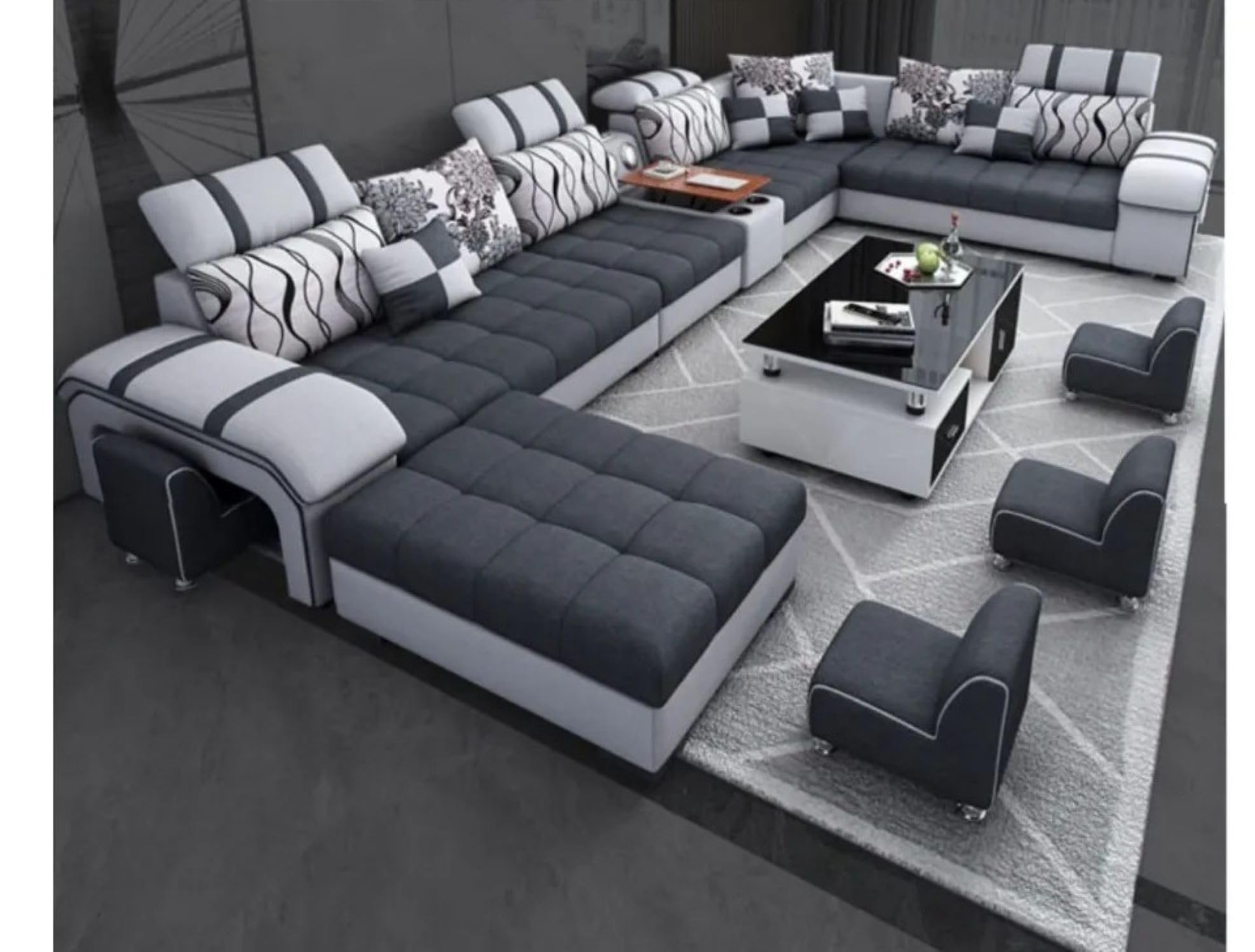 Galster 12 Seater Sofa Set for Living Room (Dark Grey) | Interchangeable U Shape Sectional Sofa with Cup Holder & Storage | Solid Wood Frame & High-Density Supersoft Foam | Includes Puffy & Stool