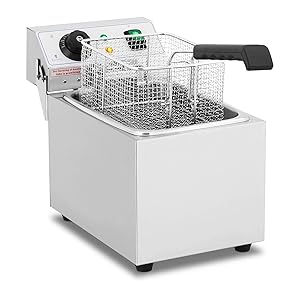Royal Catering Freidora Electrica Profesional Para Hostelería RCEF 08EB (8 Litros, Potencia 3.200 Watt, Temperatura: 50 – 200 °C, Zona Fría, Tapa Incluida), Acero inoxidable Metálico