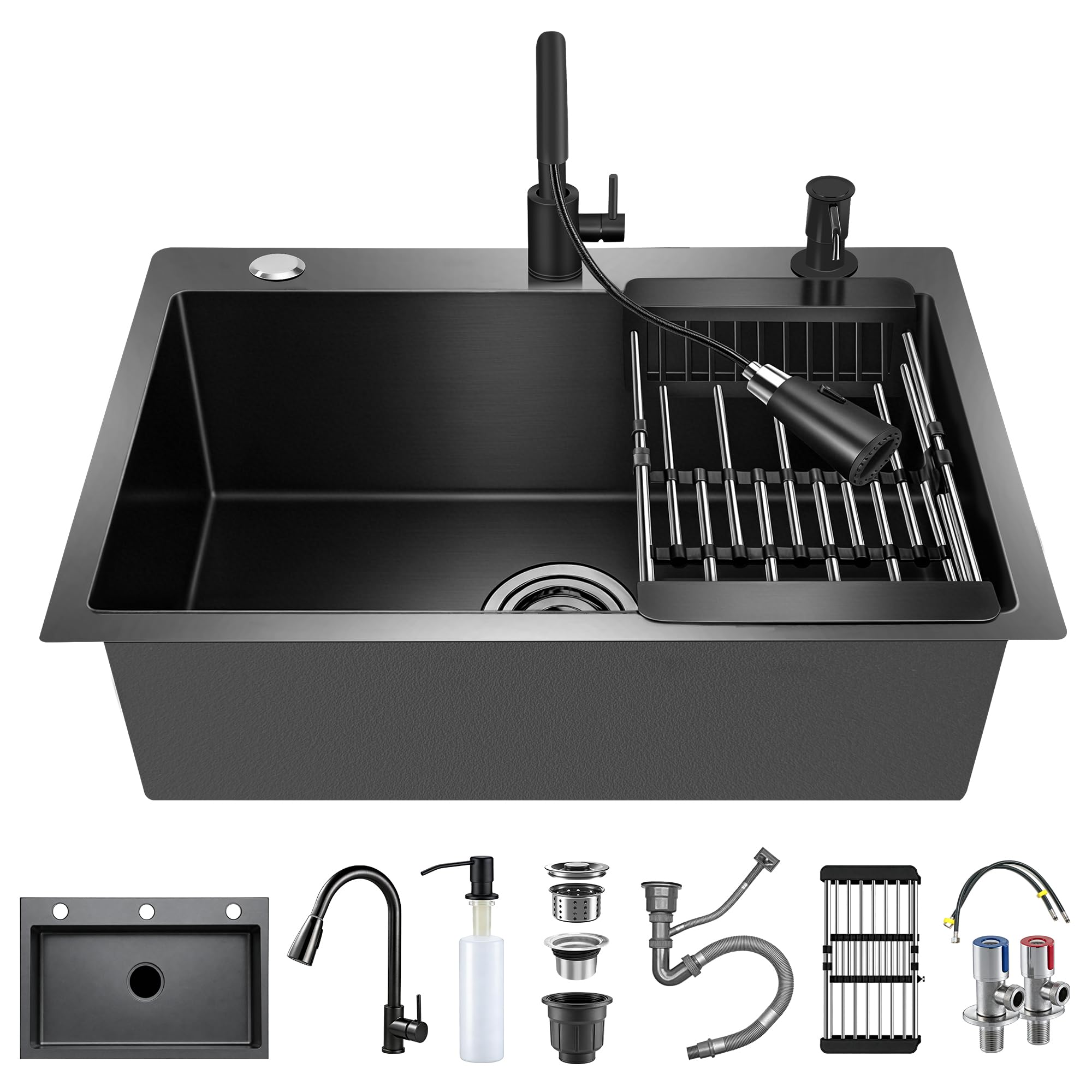 Évier Cuisine Noir en Acier Inoxydable 68x45cm –1 Bac avec Robinet | Avec Égouttoir et Distributeur de Savon – Finition PVD Résistante aux Rayures – Kit Complet avec Siphon et Trop-plein