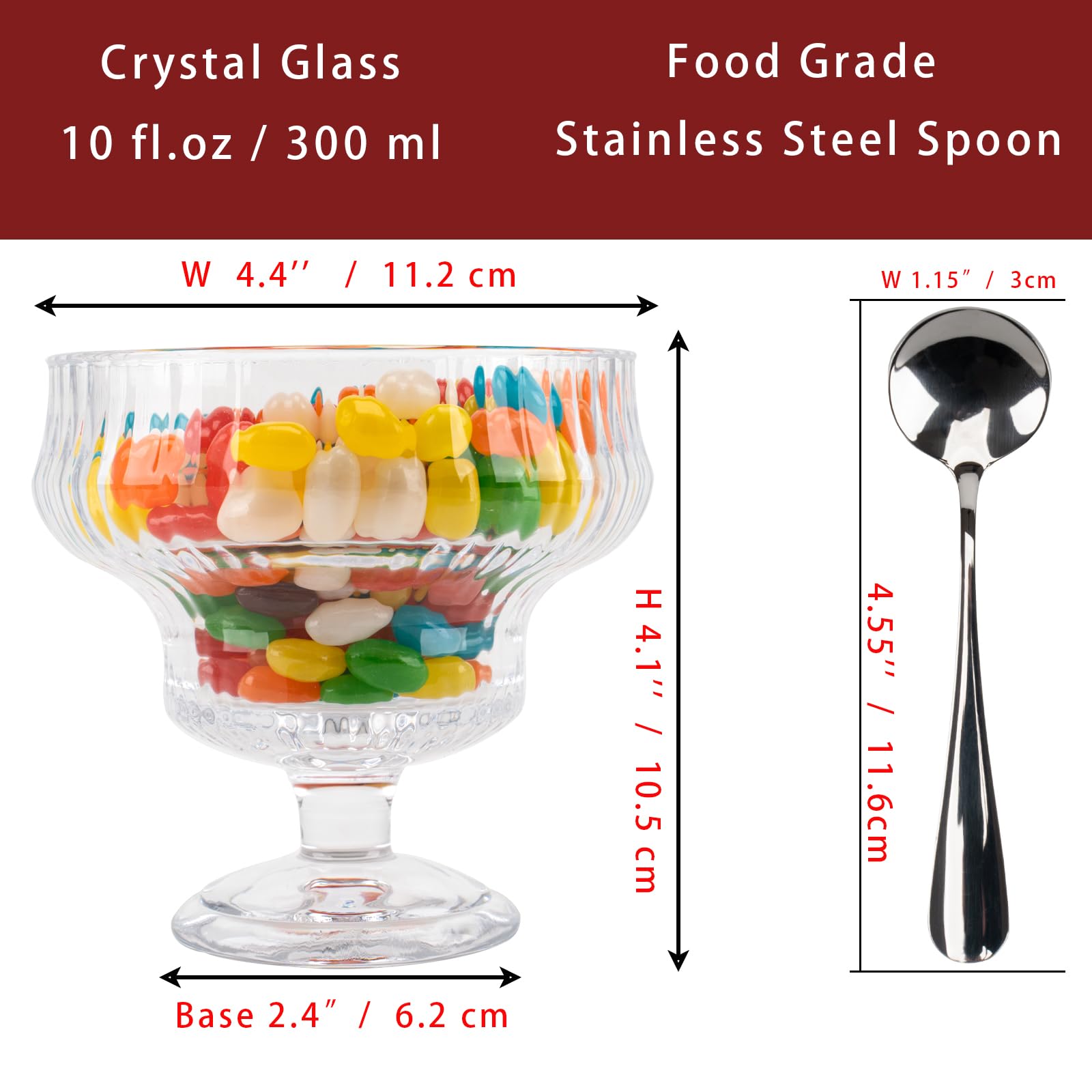 6 ciotole da dessert in vetro da 300 ml con cucchiai, ciotole per gelato con piedi in cristallo, per gelato, parfait, insalata e cocktail di gamberetti, eleganti bicchieri decorativi, snack, caramelle