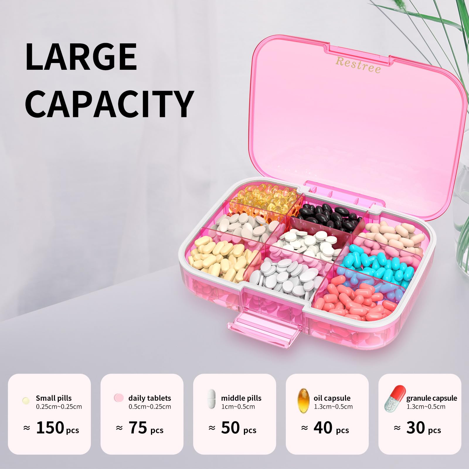Restree Pilulier portable étanche à l'humidité pour vitamines, médicaments, huile de poisson/compléments alimentaires - 9 compartiments - Rose