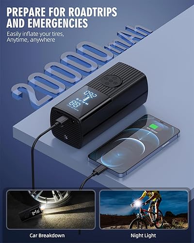 Miniatura 11 de Inflador de neumáticos, compresor de aire portátil, bomba de aire portátil de 180 PSI y 20000 mAh, pantalla LCD de presión precisa, inflado rápido 3