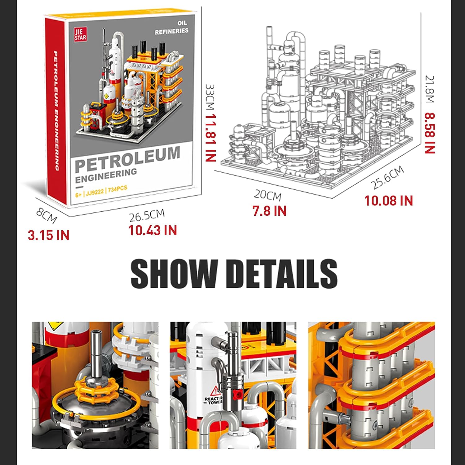 City Gas Station Building JJ9222 Set, 734pcs Modular Chemical Plant Bricks Kit with Storage Tank & Lab, Compatible with Lego City, MOC Display Model for Adults & Kids Age 6+