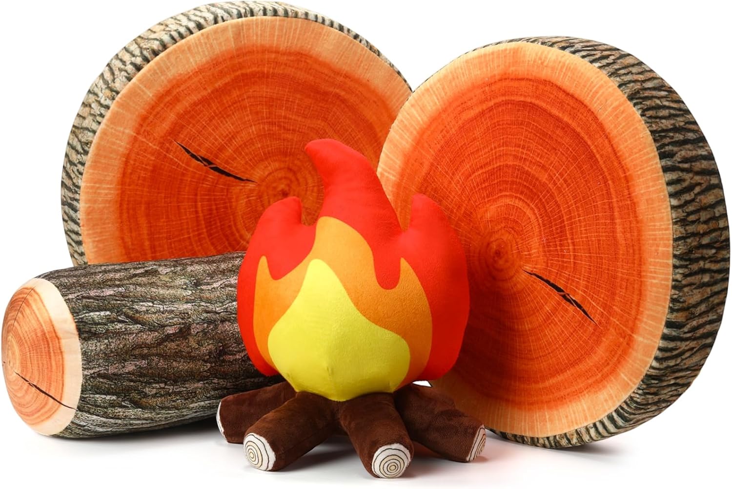 4 Pcs Pretend Campfire Set with 2 Tree Stump Pillows 1 Wood Pillow Floor Cushion 1 Fake Campfire Plush Decorative Round Throw Pillow Floor Cushion for Bedroom Living Room Picnic Party