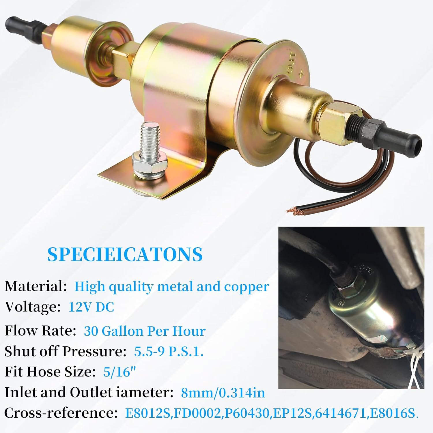 12V Universal Electric Fuel Pump 5-9 PSI 30GPH Gasoline and Diesel Fuel Transfer Pump for Carburetor Engine E8012S E8016S EP12S FD0002 P60430, 6414671