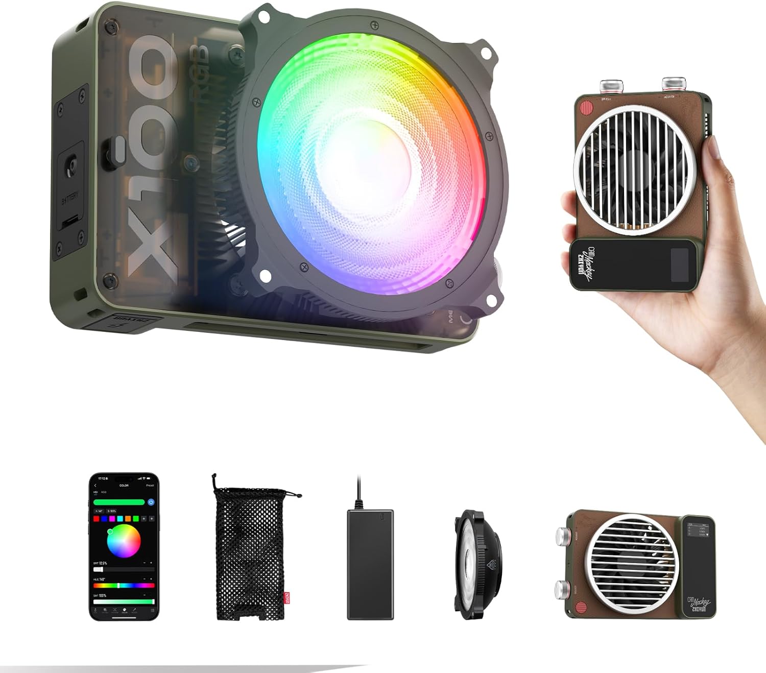 ZHIYUN MOLUS X100 RGB Standard [Official] V2 Upgraded Version 100W Portable Video Light Professional Photography CRI≥95 TLCI≥97 Only 384g Compact as Your Palm Continuous Output Light (No Battery)
