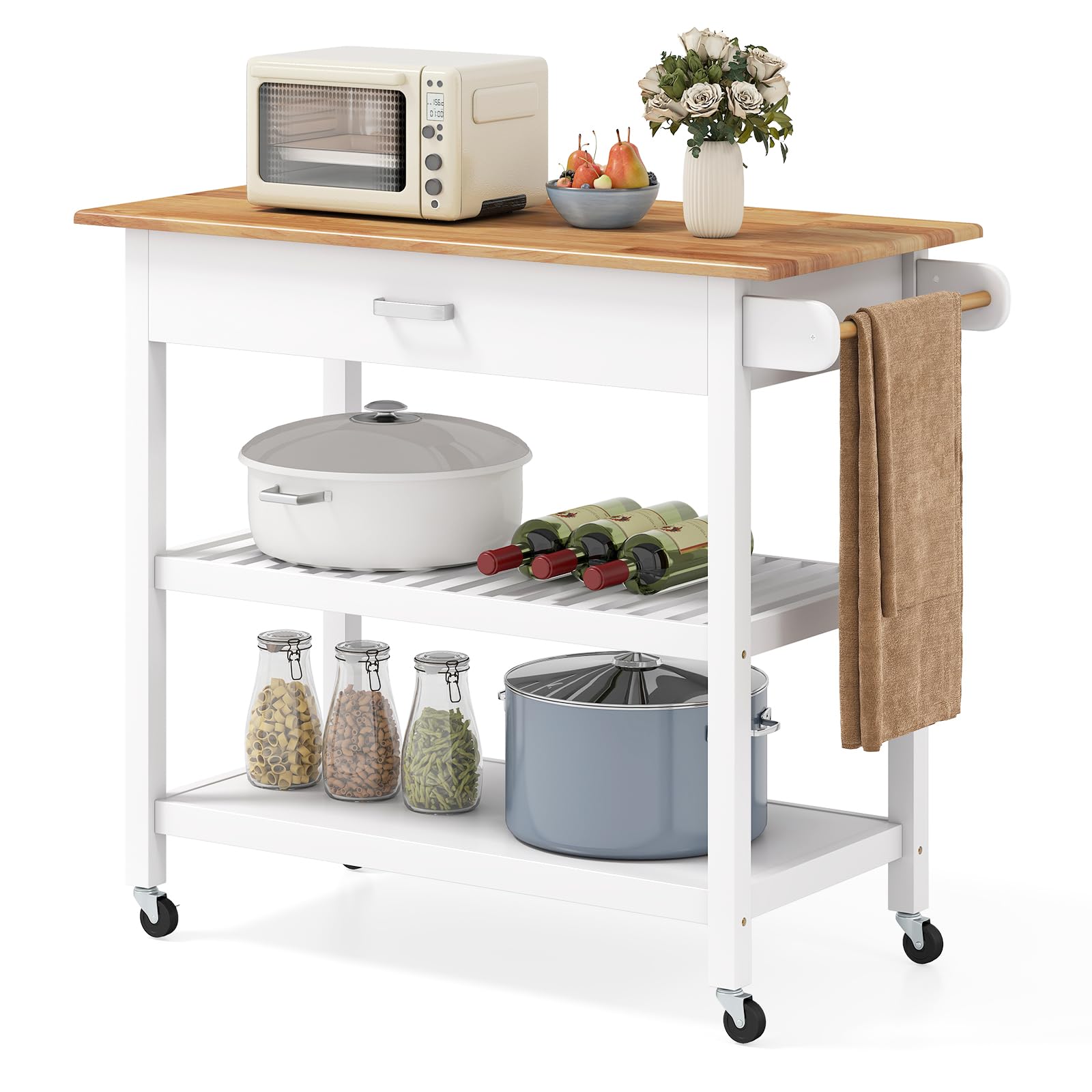 COSTWAY Isla de Cocina con 4 Ruedas, Carrito Auxiliar de 3 Niveles con Encimera de Madera, Cajón con Asa, 2 Estantes Abiertos, Toallero Lateral, Carro de Servicio para Comedor, 106x50x89 cm (Blanco)