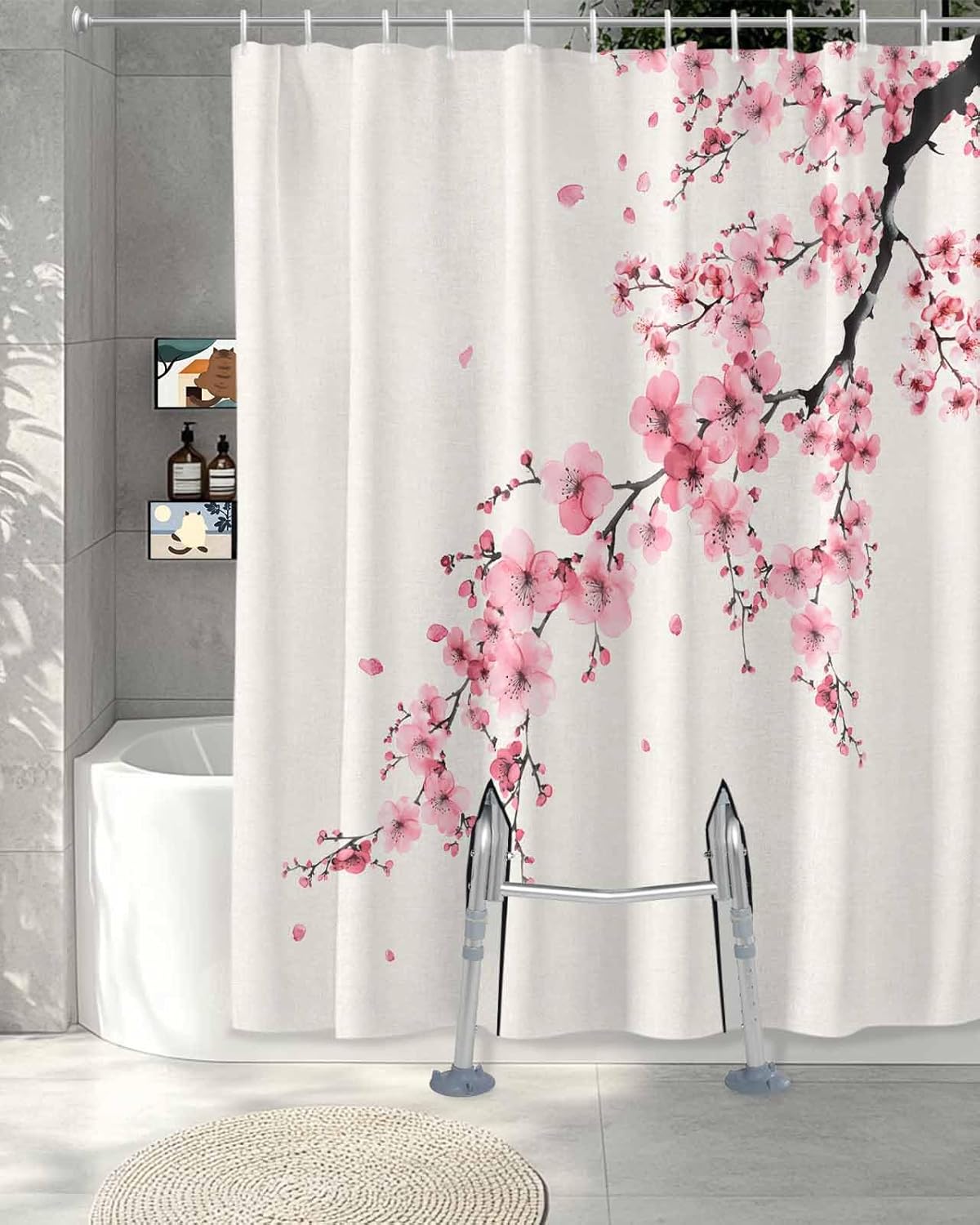 Split Shower Curtain for Transfer Bench, Flowers Japanese Cherry Blossom Shower Curtain for Bathtub 72x72 Inch Waterproof Bath Curtain Set with Hooks and 2 Vertical Slits
