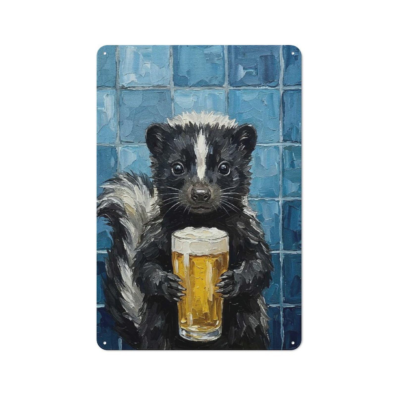 Junmoney Style-4 Skunk With Beer Painting Decorative Tin Sign 30X20cm, Country Country Wall Plaque For Dining Room, Cafe, Entryway Or Family Room