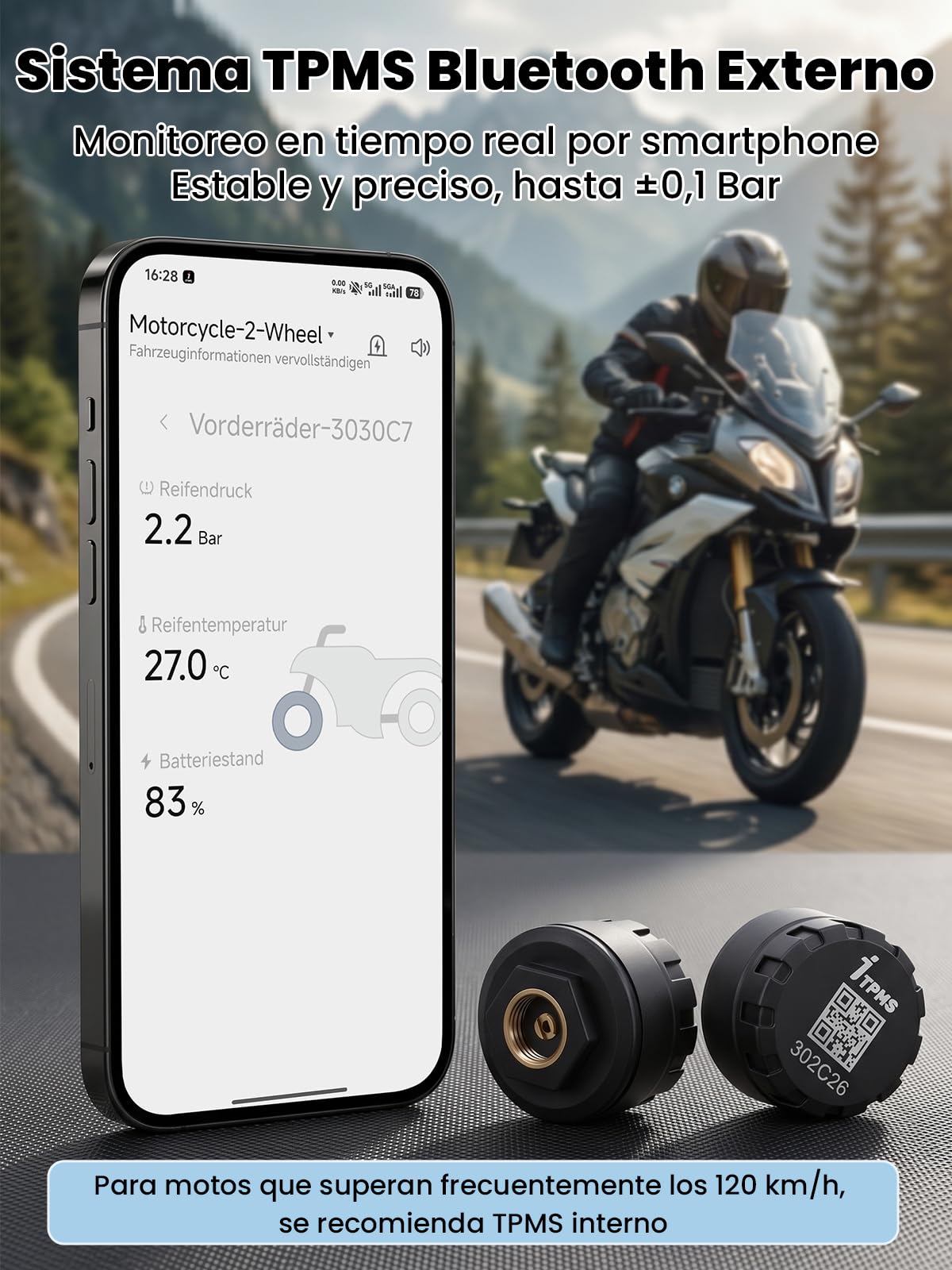 de Monitoreo de Presión de Neumáticos Sensores de Presión de Neumáticos Inalámbricos TPMS para Motocicletas y Automóviles con Aplicación Función de Alarma de Temperatura de (2PCS)