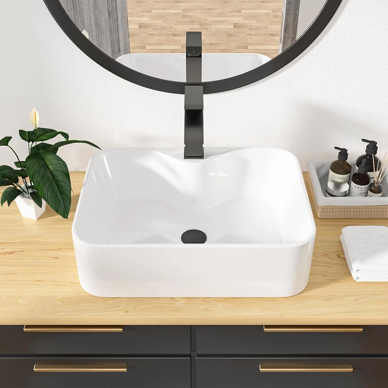 Ceramic Countertop Vessel Sink Bathroom Wash Basin Above Counter Vanity Basin Wash Bowl for Vanity Unit Cabinet Cloakroom Toilet (White, Rectangular with Tap Hole 480 x 370 mm)