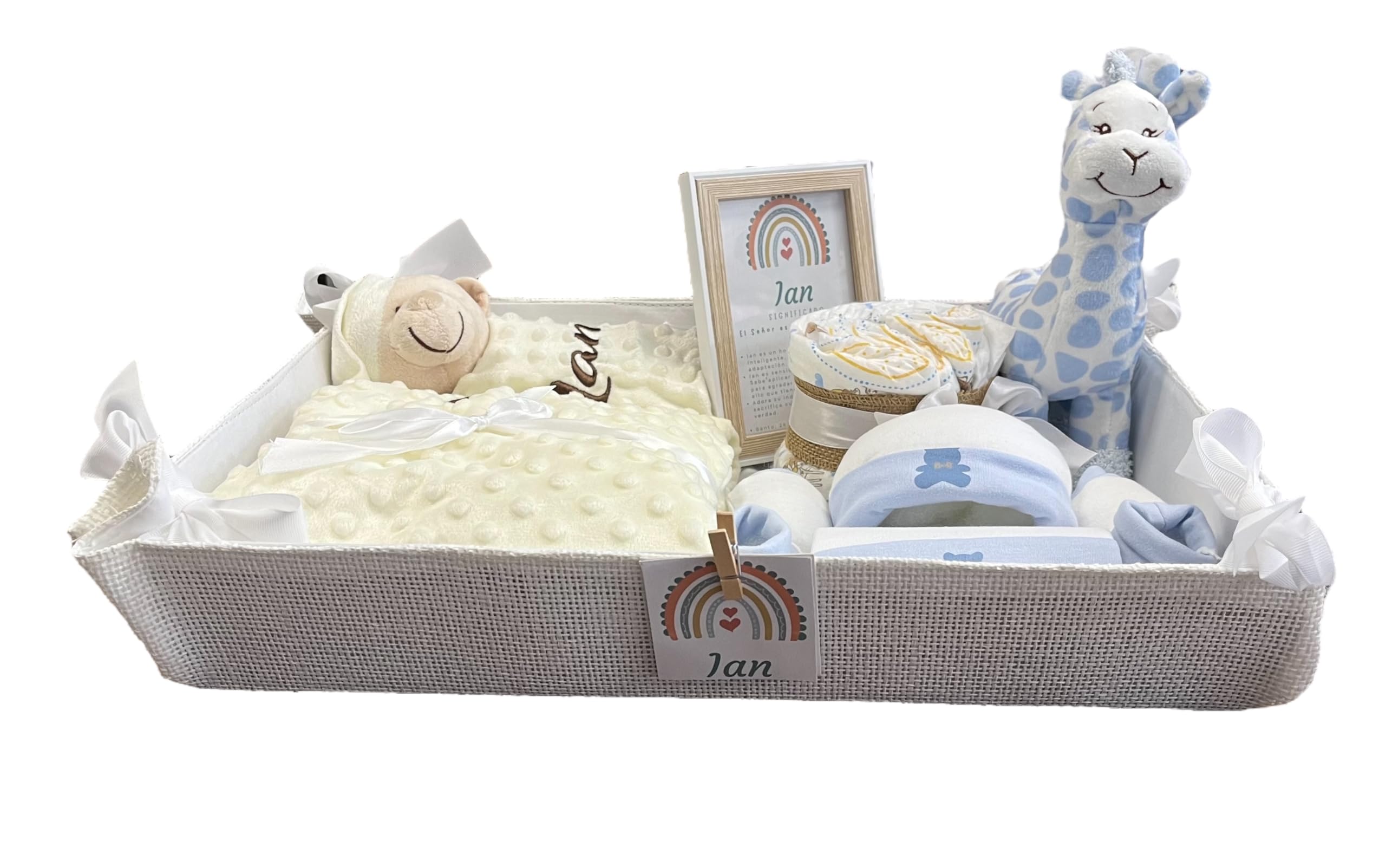 Danielstore Velvet Cesta para Regalo Recién Nacido, Canastilla Bebé Personalizada, Manta y Dou Dou Osito Bordada, Incluye Set de Primera Puesta y Pastel de Pañales (Deluxe 2 Beige)