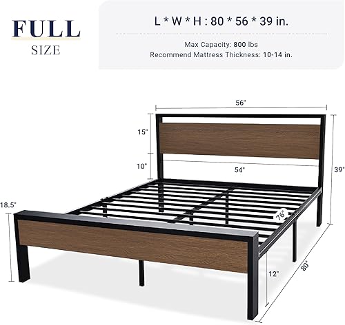 Miniatura 10 de Allewie Base de cama de plataforma de tamaño matrimonial con cabecera y estribo de madera, soporte de 12 listones de metal resistente, no necesita