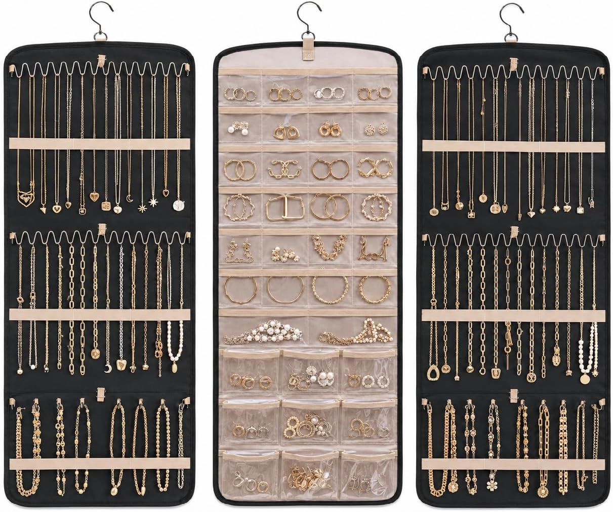 Tofficu 3-pack Double-sided Hanging Jewelry Organizer for Closet And Wall, Necklace Holder with Tangle-free Metal Hooks And Clear Pockets, Foldable Travel Earring Storage Roll Bag