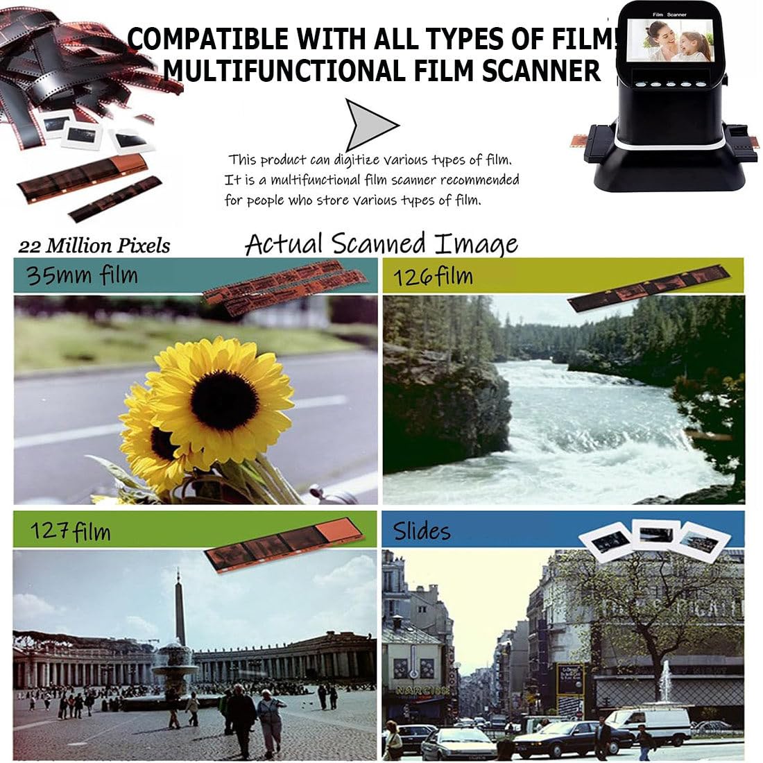 Scanner per Diapositive E Negativi,Scanner Film Ad Alta Risoluzione 120,Scanner Fotografico per Diapositive Negativi da 22 Megapixel,con Schermo LCD 4,3"
