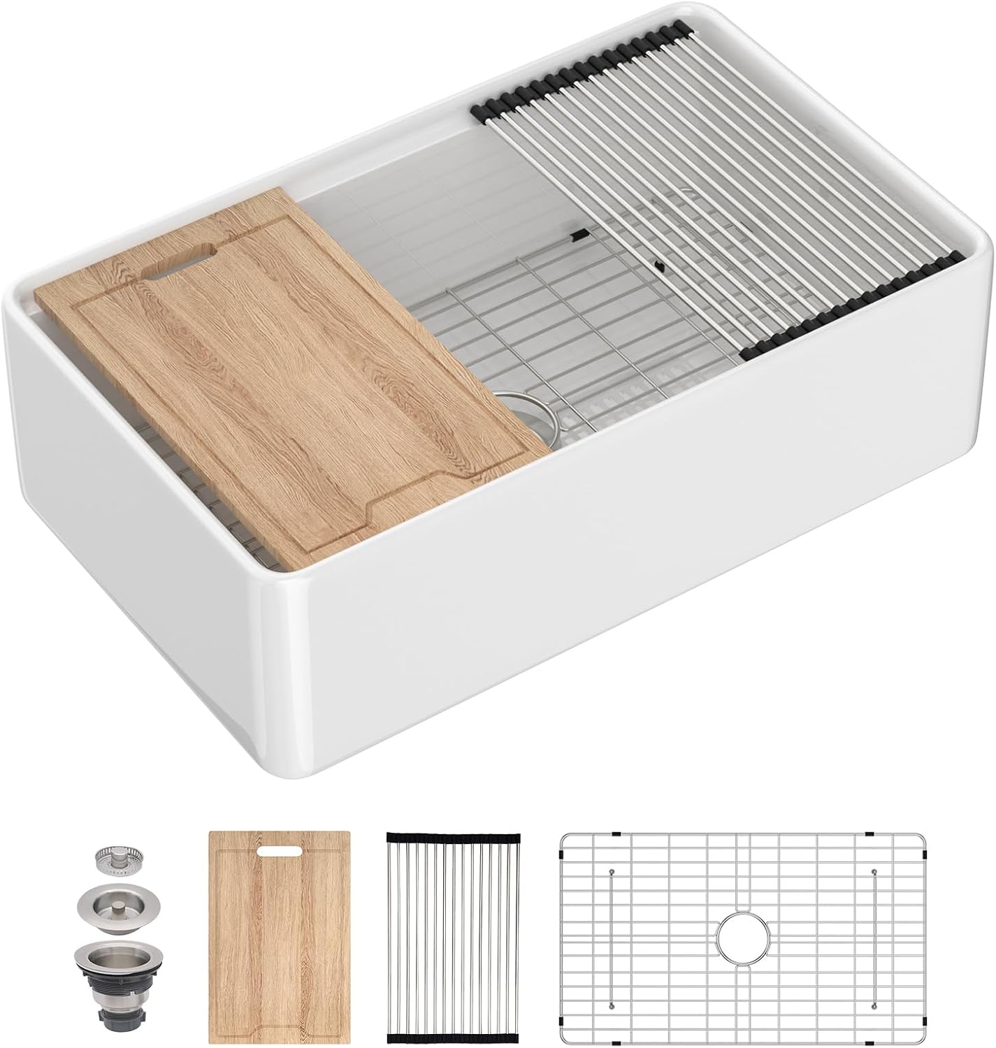 White Farmhouse Sink - 33'' x20'' Apron Front Kitchen Sink, Fireclay Porcelain Kitchen Sink, Glossy White Ceramic Farm House Style Single Bowl, 33''x20''x10''