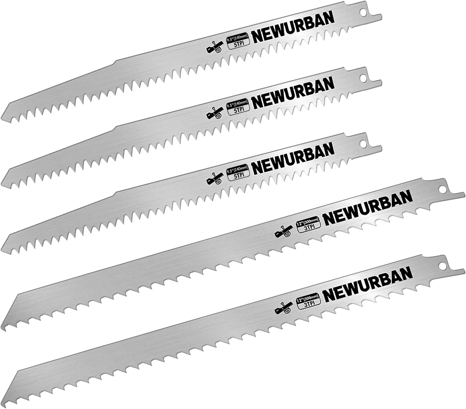 NEWURBAN 5 Pack Stainless Steel Reciprocating Saw Blades 5TPI 9 in (228mm) - 3 pcs / 3TPI 12 in (300mm) - 2 pcs for Frozen Meat Bone Food Cutting - Bonesaw Blade