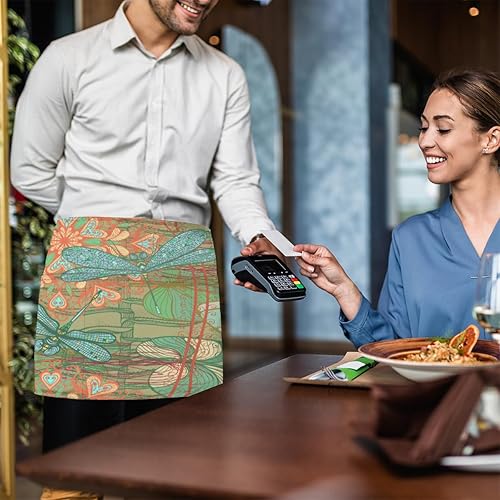 Miniatura 6 de Paquete de 3 delantales vintage con estampado de libélula y 3 bolsillos, impermeables, delantales de media cintura para mujer, para cocinar, lavar