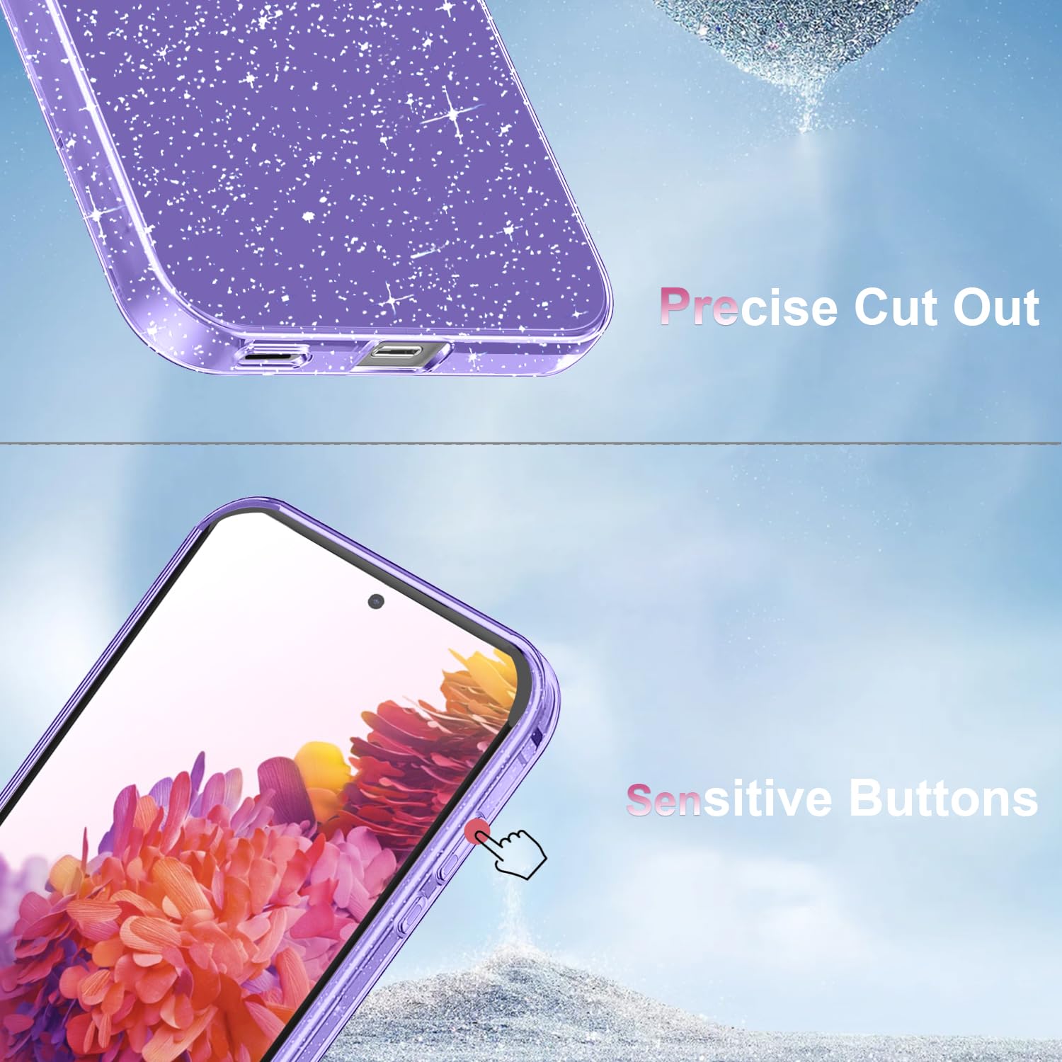 Cover Compatibile con Samsung Galaxy S20 FE 5G ((Non per S20), con 3 Pezzi Vetro Temperato Pellicola Protettiva, Glitter e Antimpronta Custodia, Antigraffio e Morbido Caso - Viola